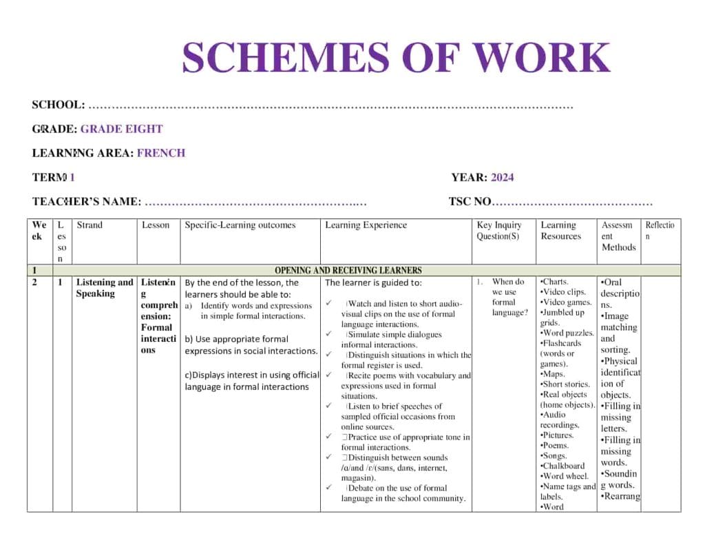 Grade 8 French Schemes of Work Term 1 - Elimplex