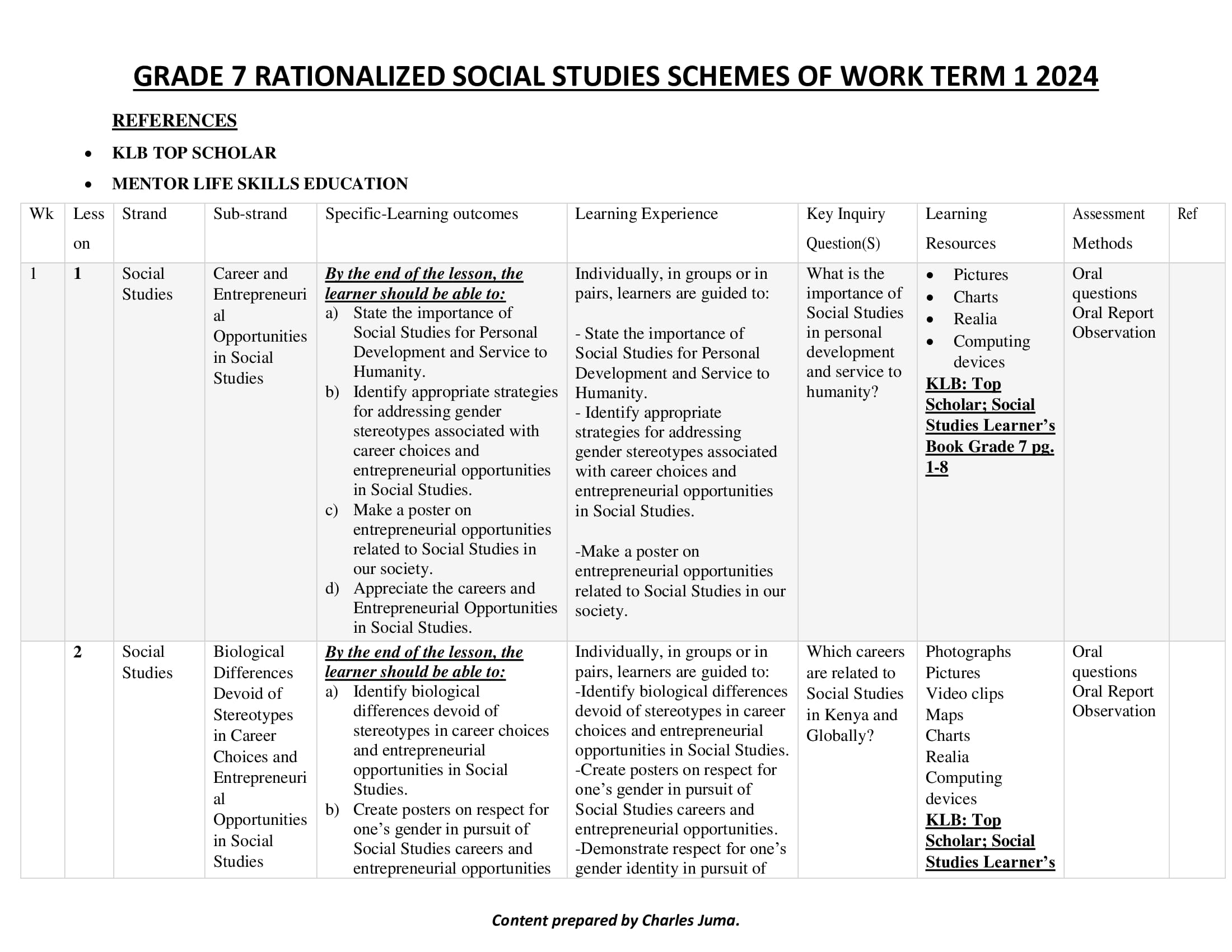 Grade 7 Social Studies Schemes of Work Term 1 -KLB Top Scholar - Elimplex
