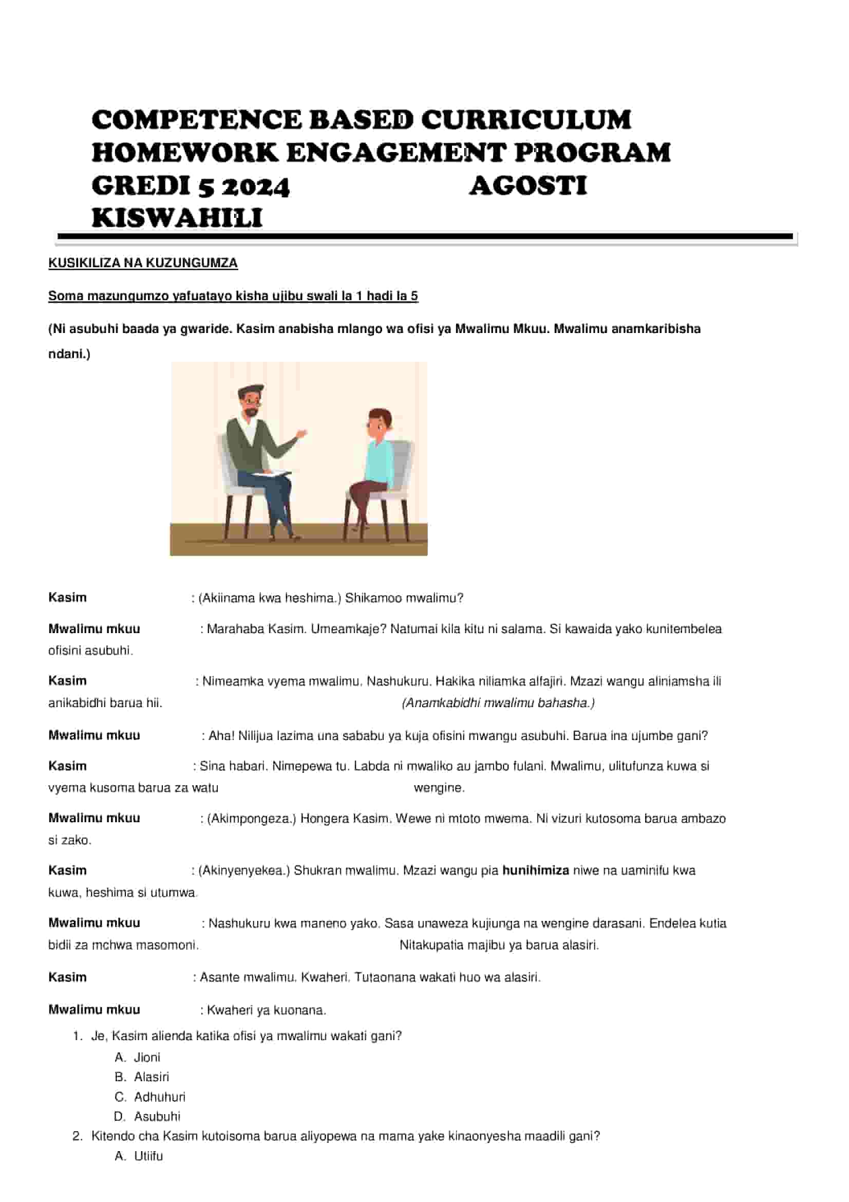 Grade 5 Kiswahili August 2024 Holiday Assignment