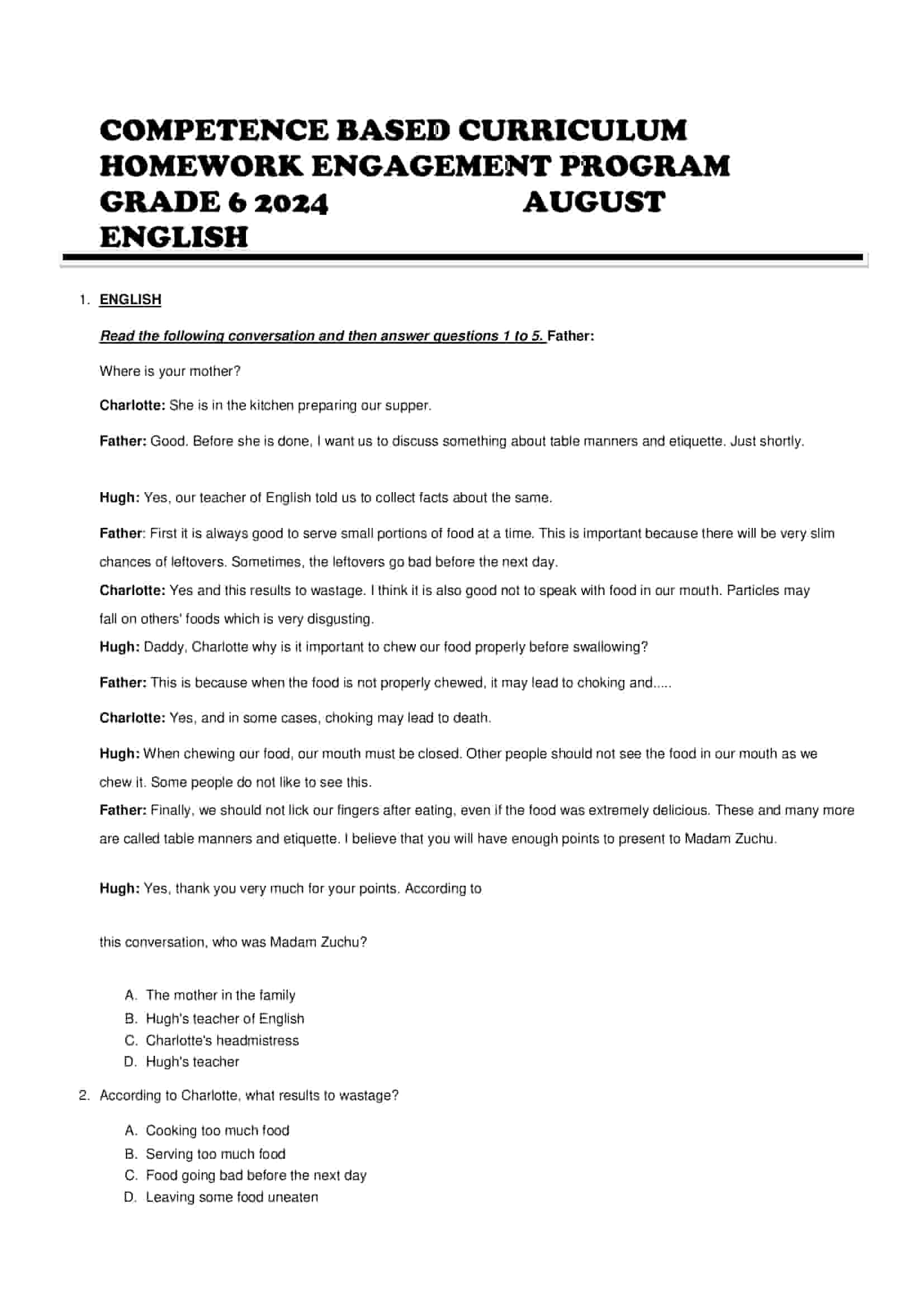 Grade 6 English August 2024 Holiday Assignments