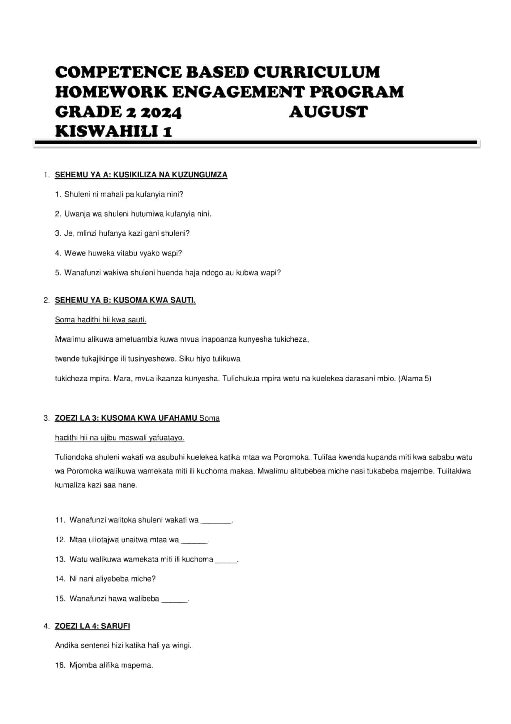 Grade 2 Kiswahili Homework August Holiday