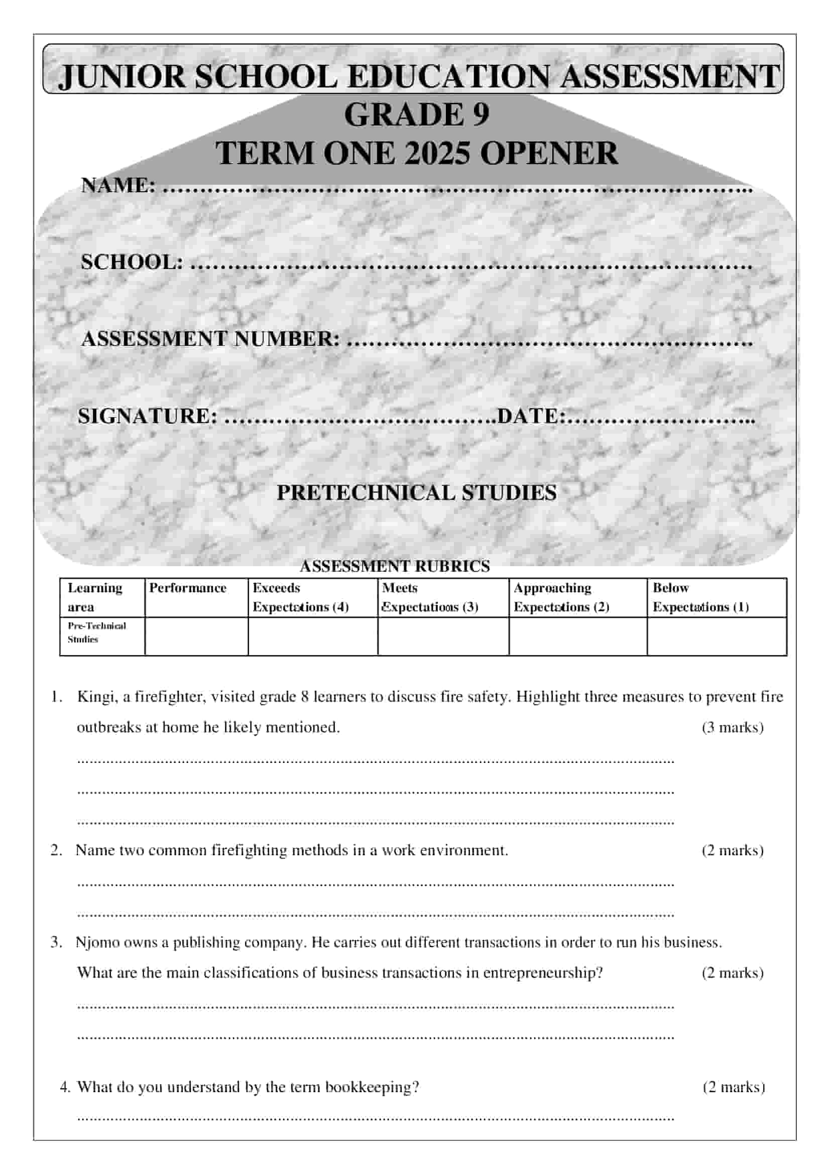 Grade 9 Pretechnical Studies Term 1 Opener Exam 2025
