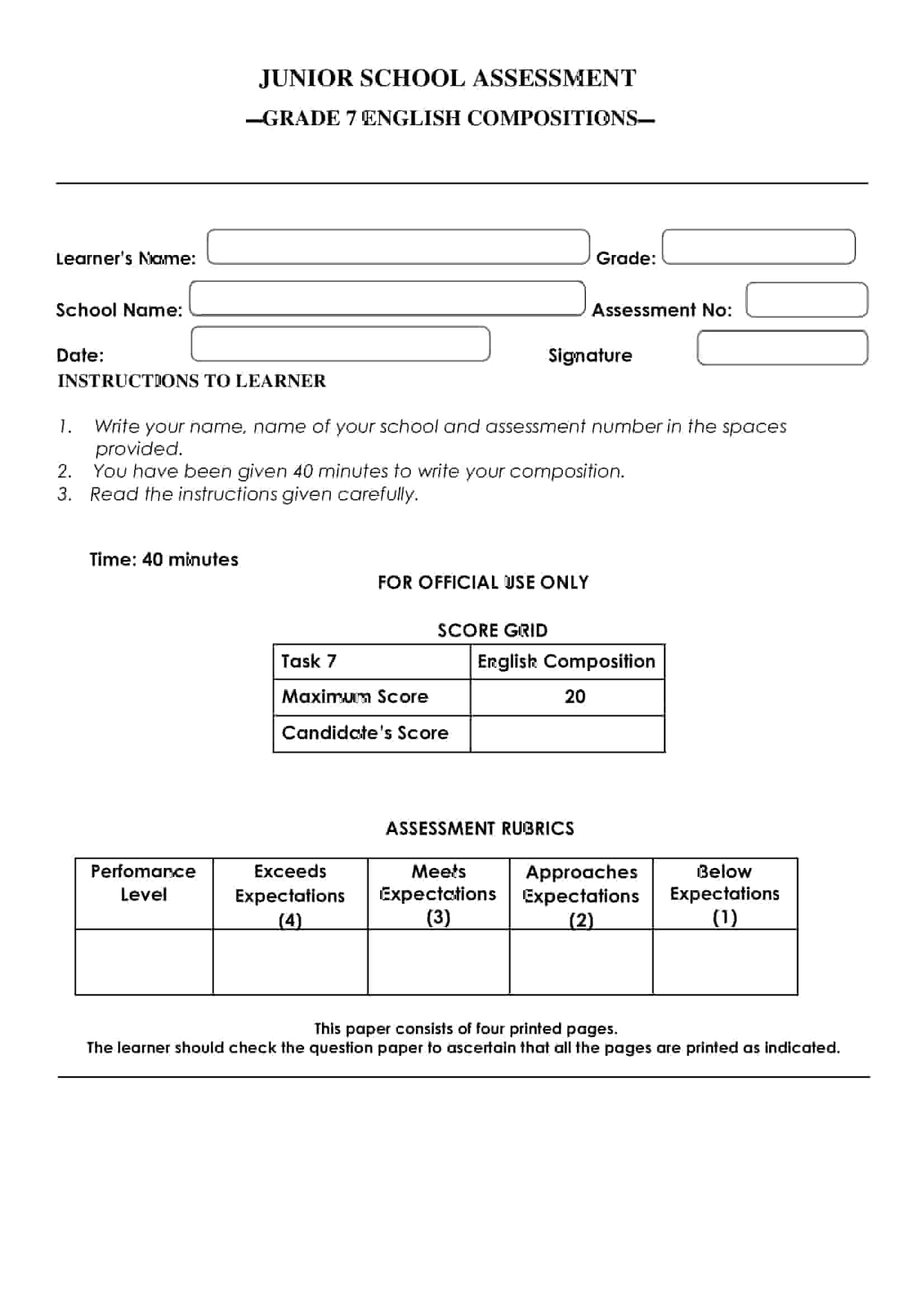 Grade 7 English composition holiday assignment