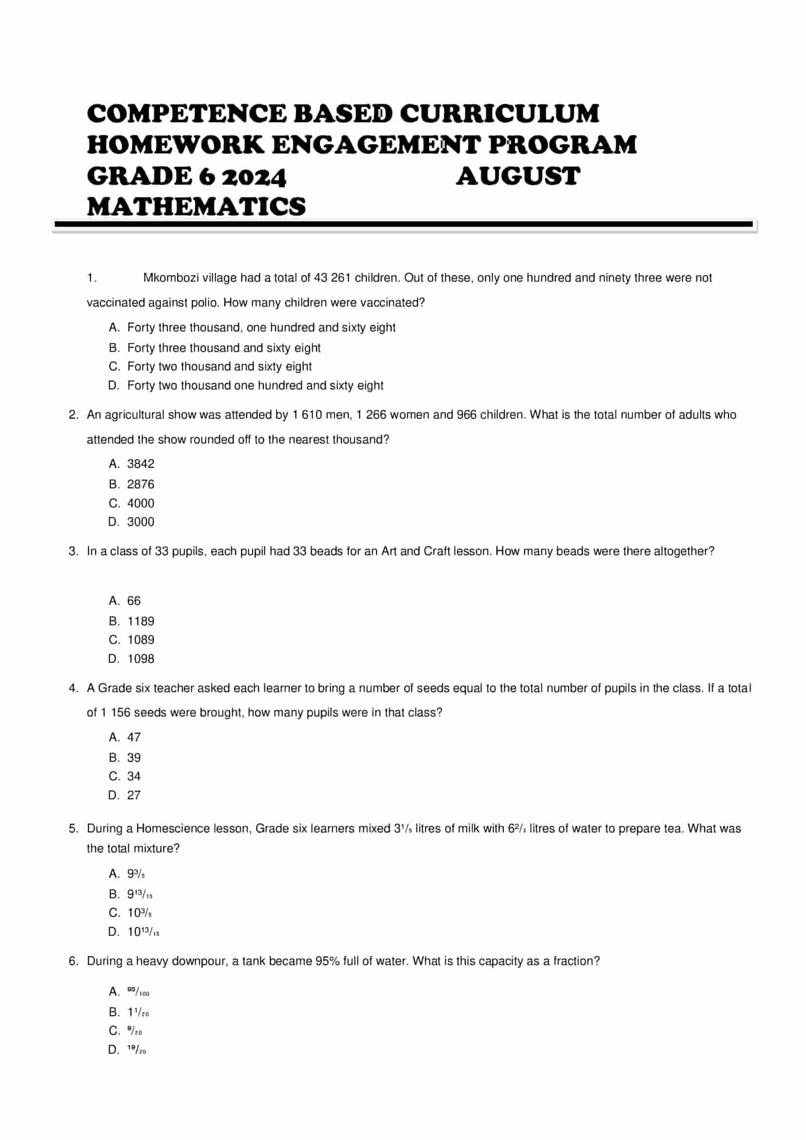 Grade 6 Mathematics August 2024 Holiday Assignments