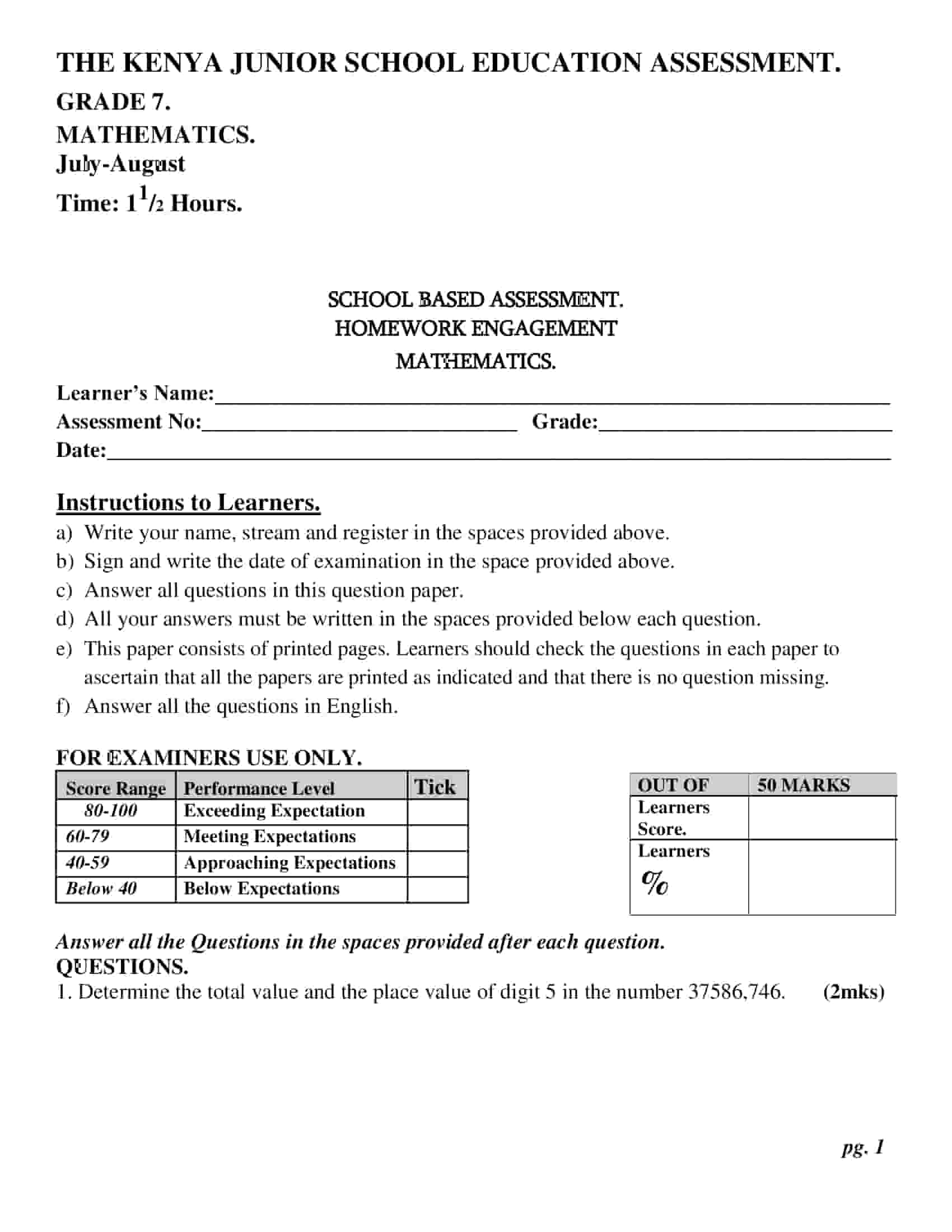 Grade 7 Mathematics July-August Holiday Assignments