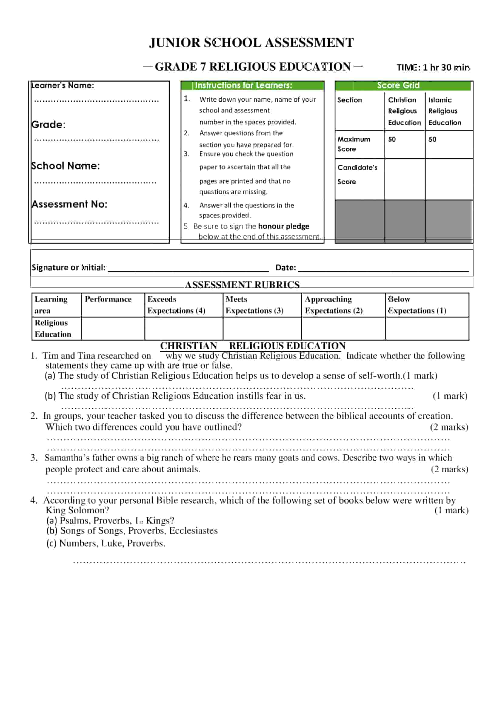 Grade 7 CRE holiday assignment