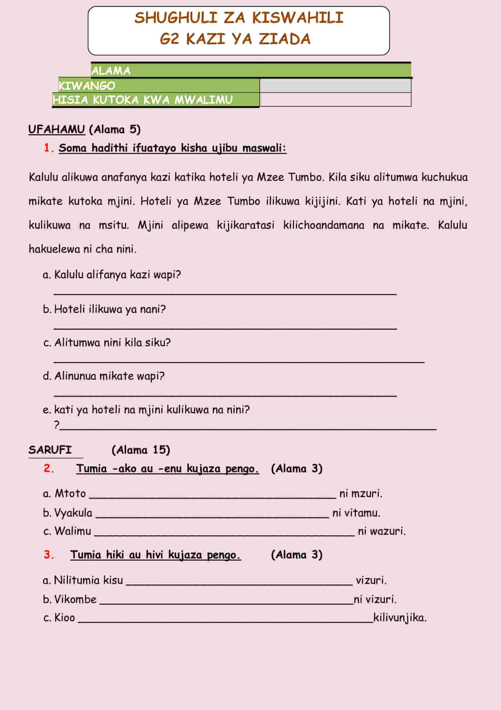 Grade 2 Kiswahili Homework December Holiday