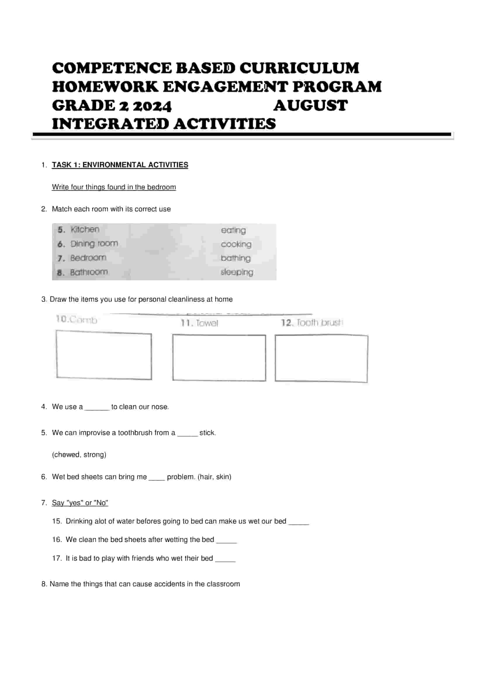 Grade 2 Integrated Activities Homework August Holiday