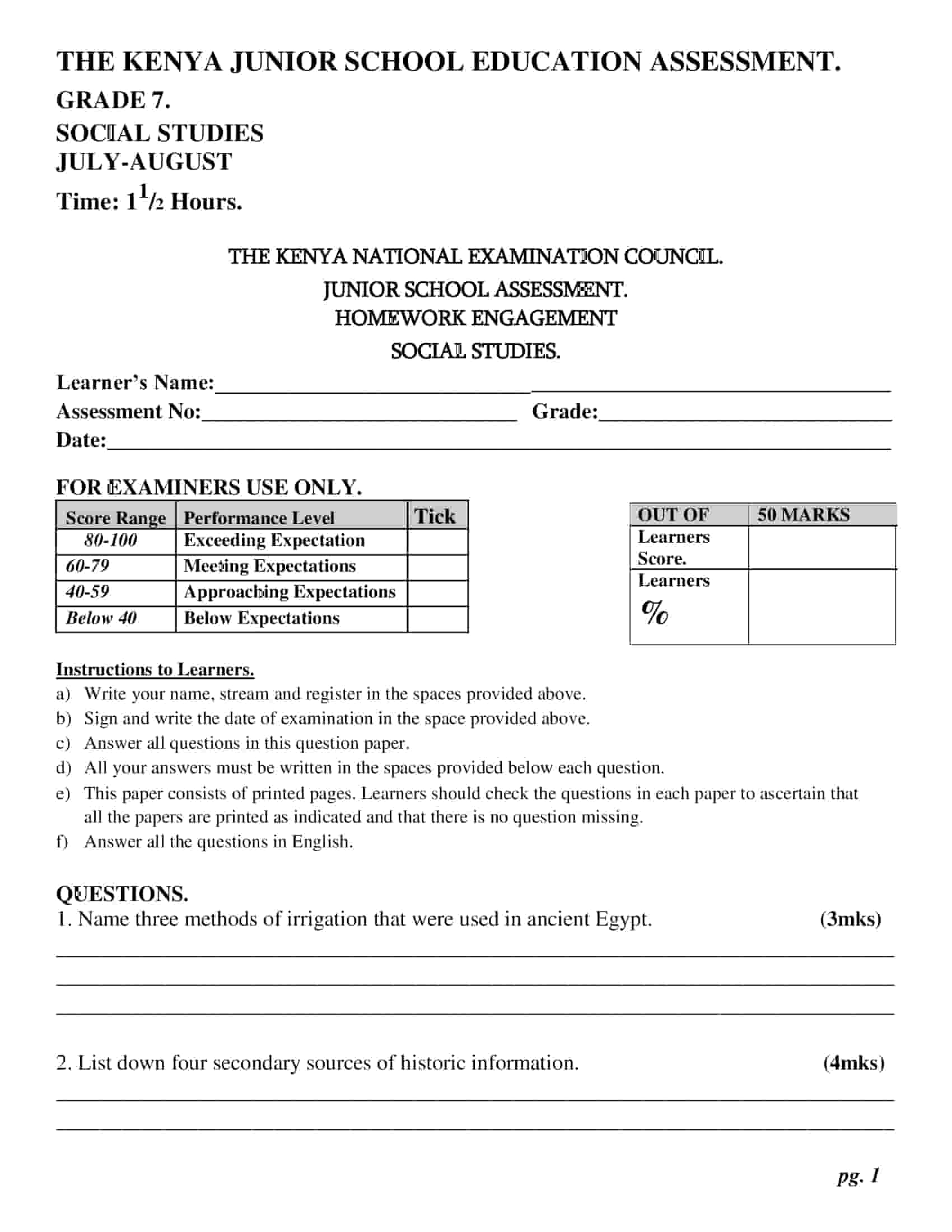 Grade 7 Social Studies July-August Holiday Assignments