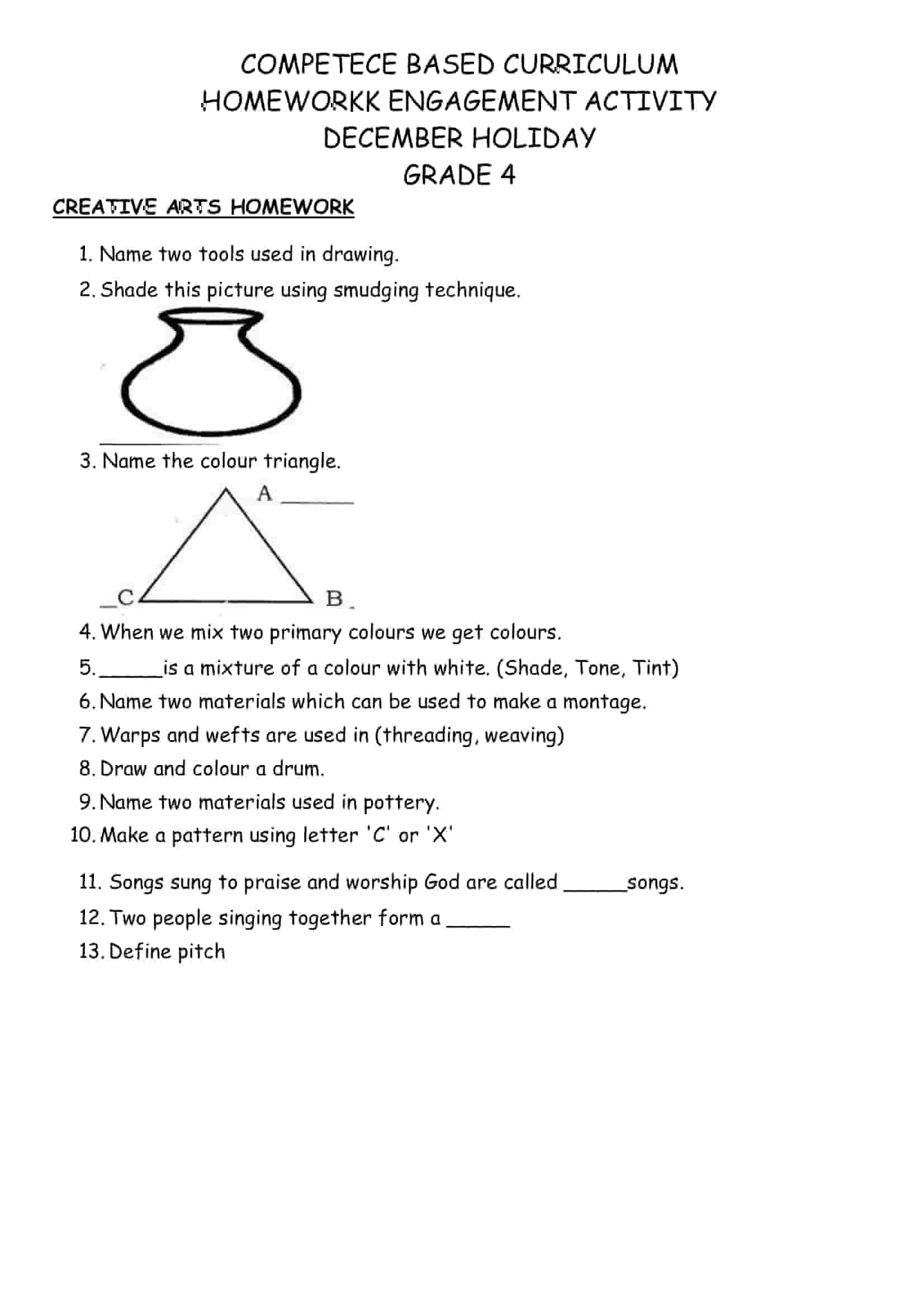 Grade 4 Creative Arts Homework December Holiday