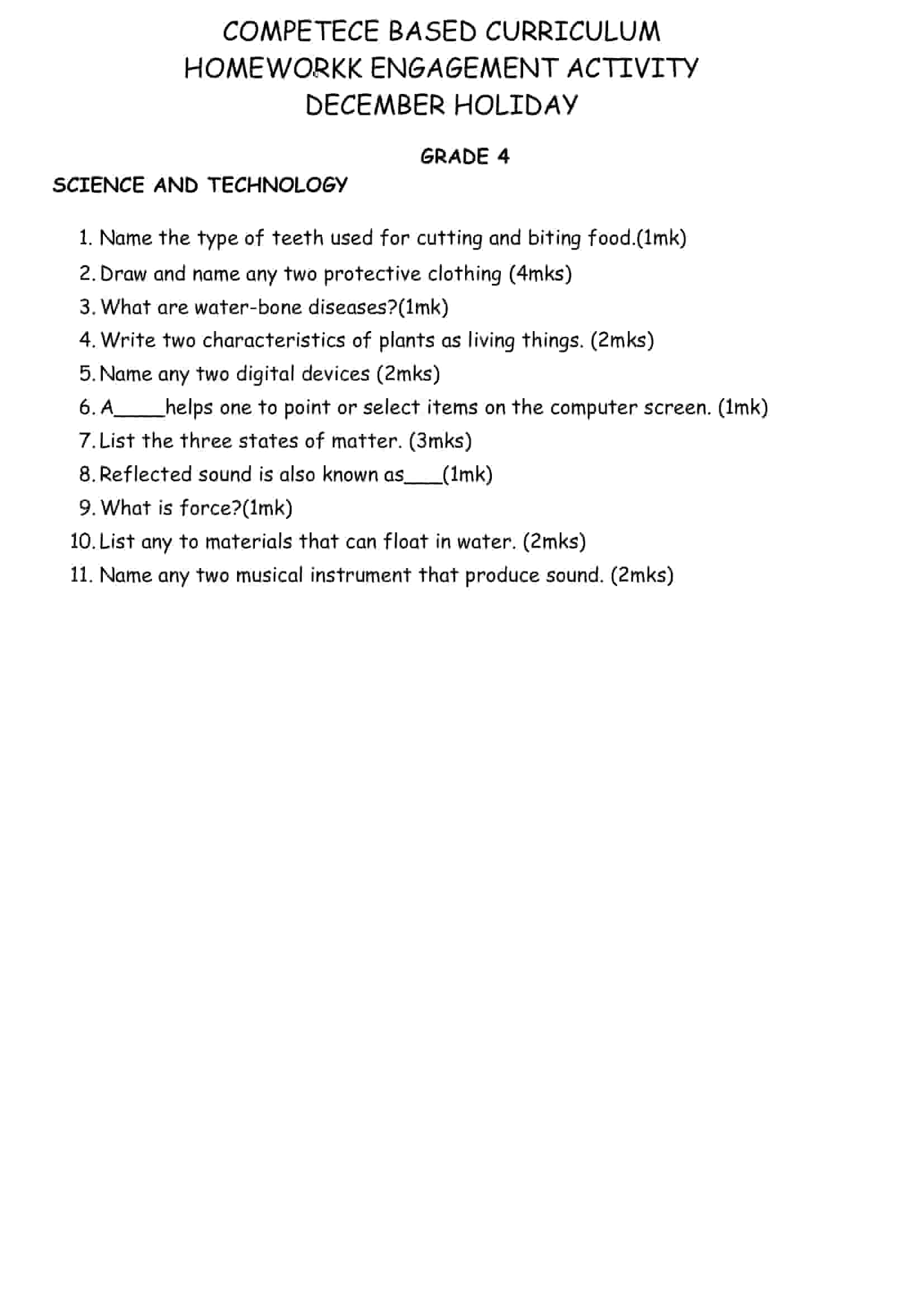 Grade 4 Science and Technology Homework December