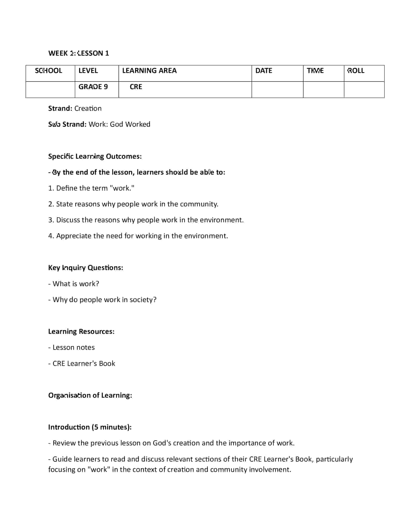 Grade 9 Rationalized CRE Lesson Plans Term 1