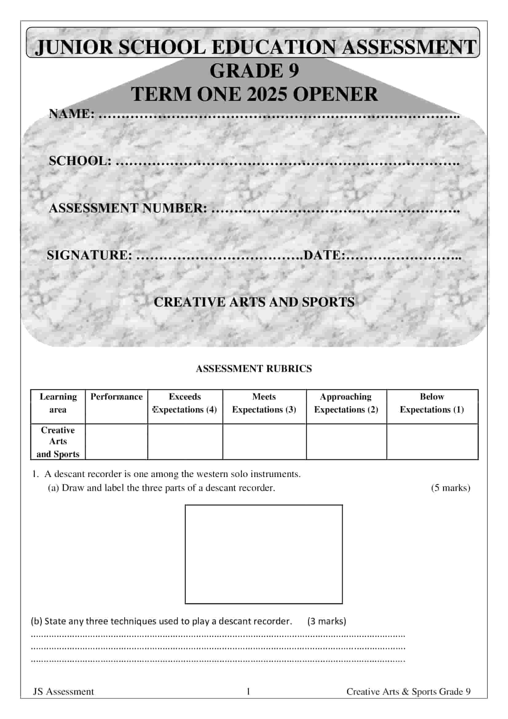 Grade 9 Creative Arts and Sports Term 1 Opener Exam 2025