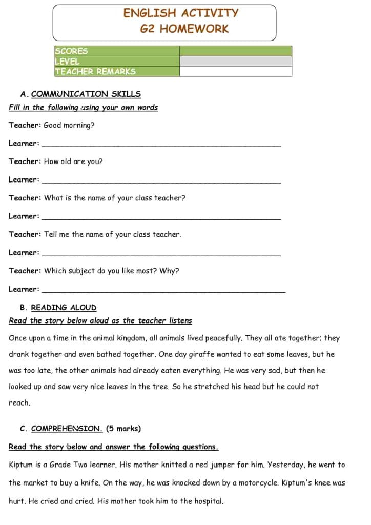 Grade 2 English Activity Homework December Holiday - Elimplex