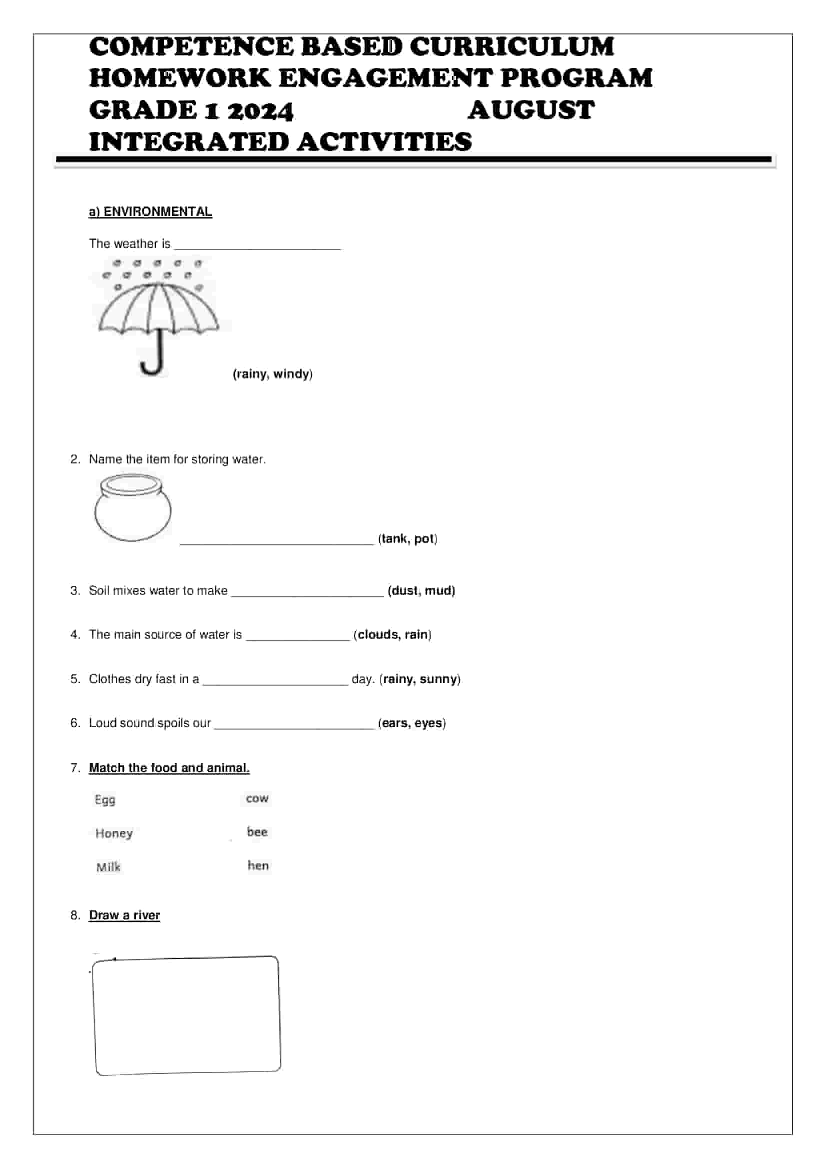 Grade 1 Integrated Activities Homework August Holiday