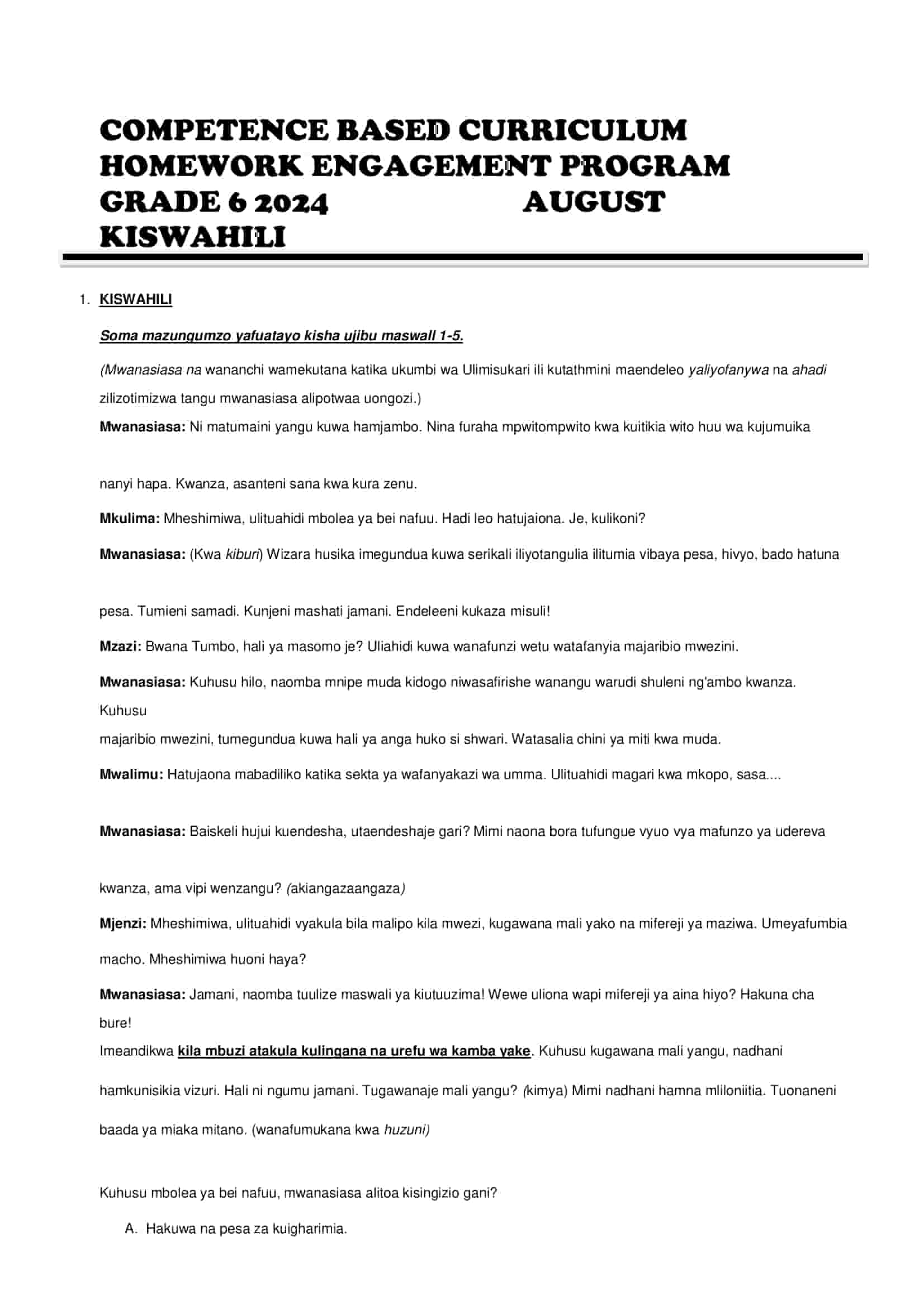 Grade 6 Kiswahili August 2024 Holiday Assignments