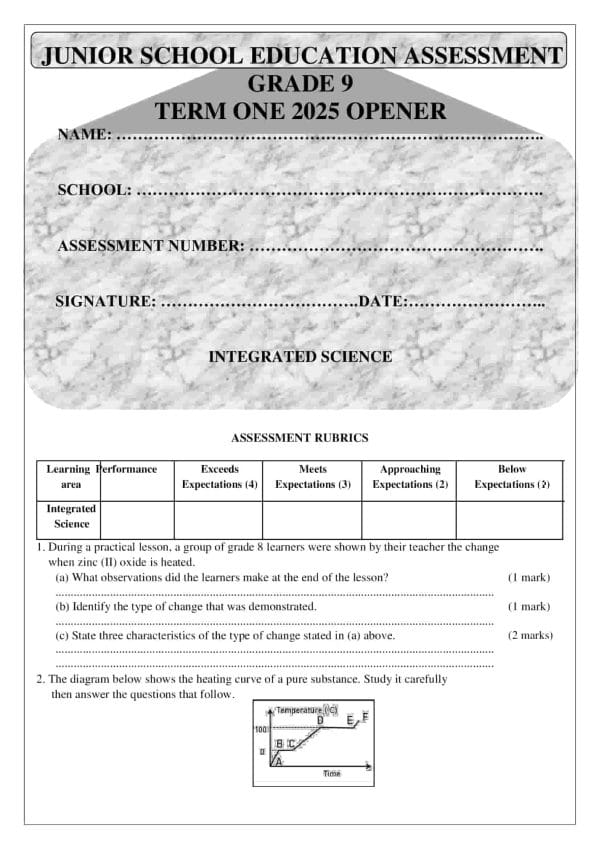 Grade 9 Integrated Science Term 1 Opener Exam 2025 - Elimplex