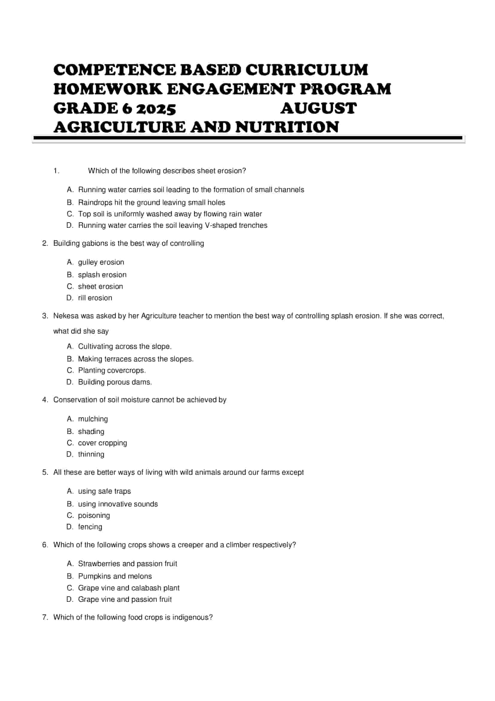 Grade 6 Agriculture and Nutrition August 2024 Holiday Assignments