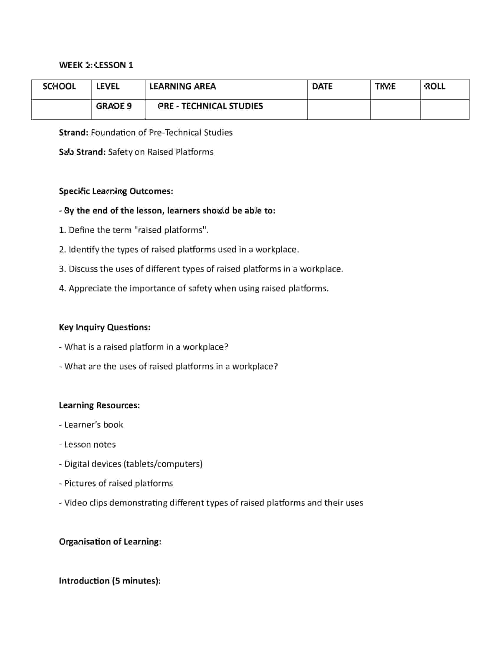 Grade 9 Rationalized Pre-Technical Lesson Plans Term 1