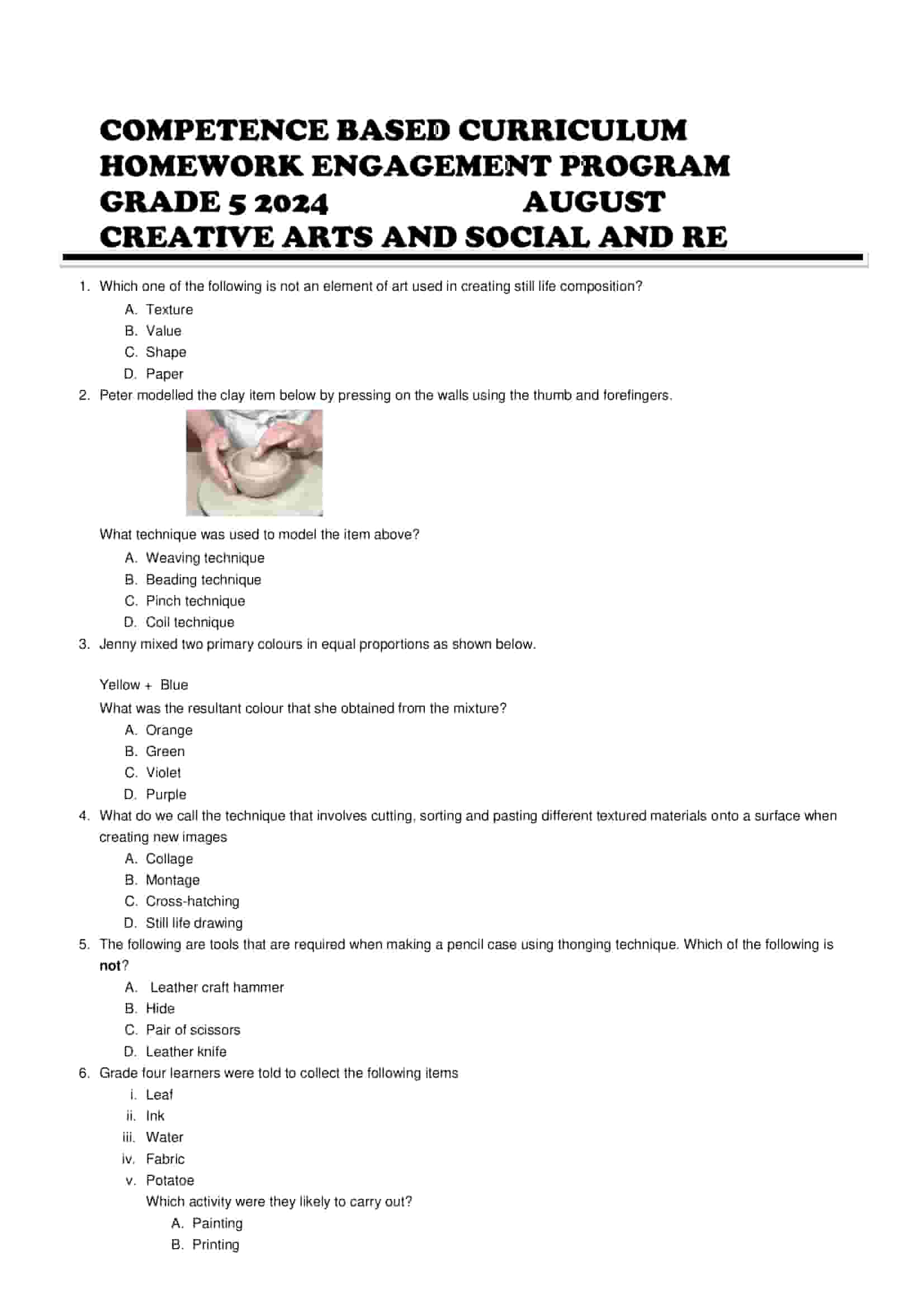 Grade 5 Creative Arts and Social and CRE August Homework