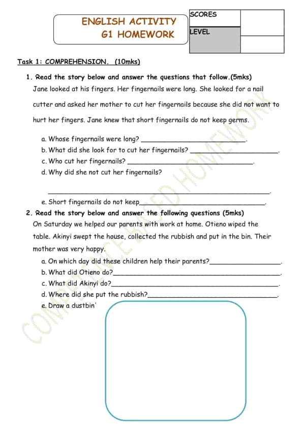 Grade 1 English Activity Homework December Holiday
