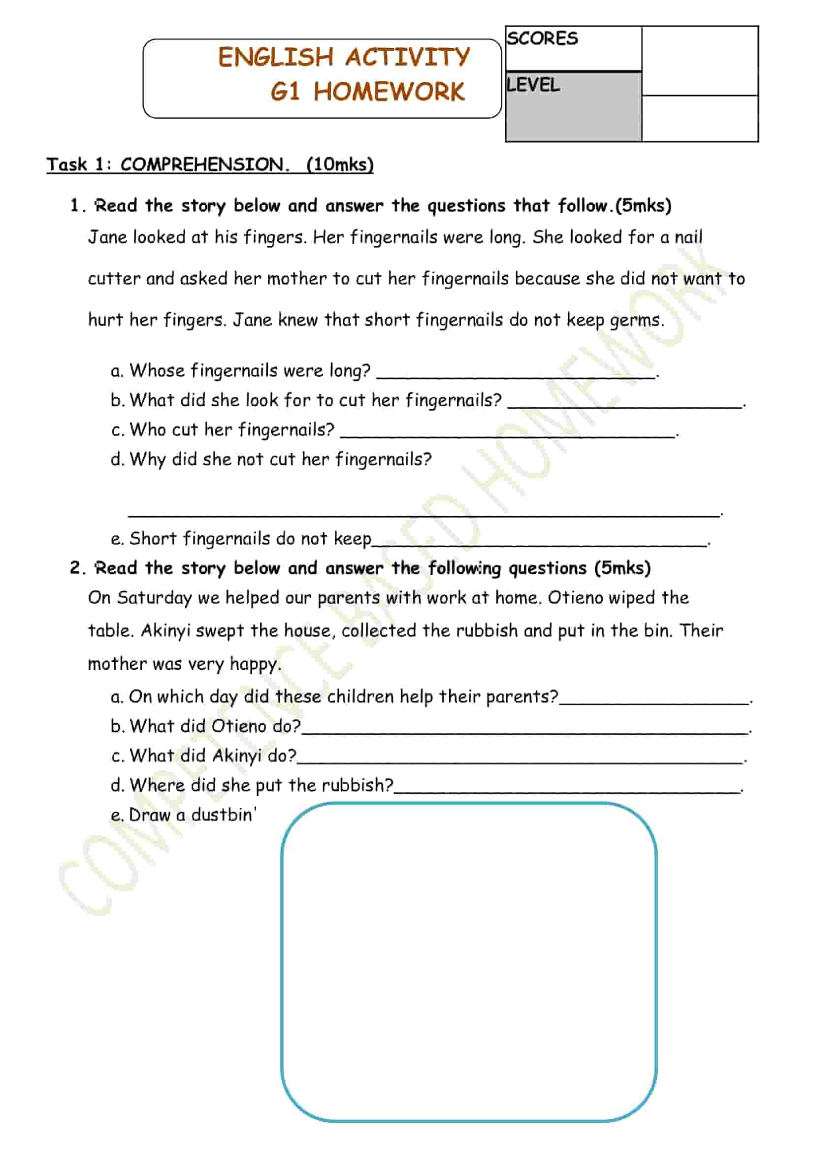 Grade 1 English Activity Homework December Holiday