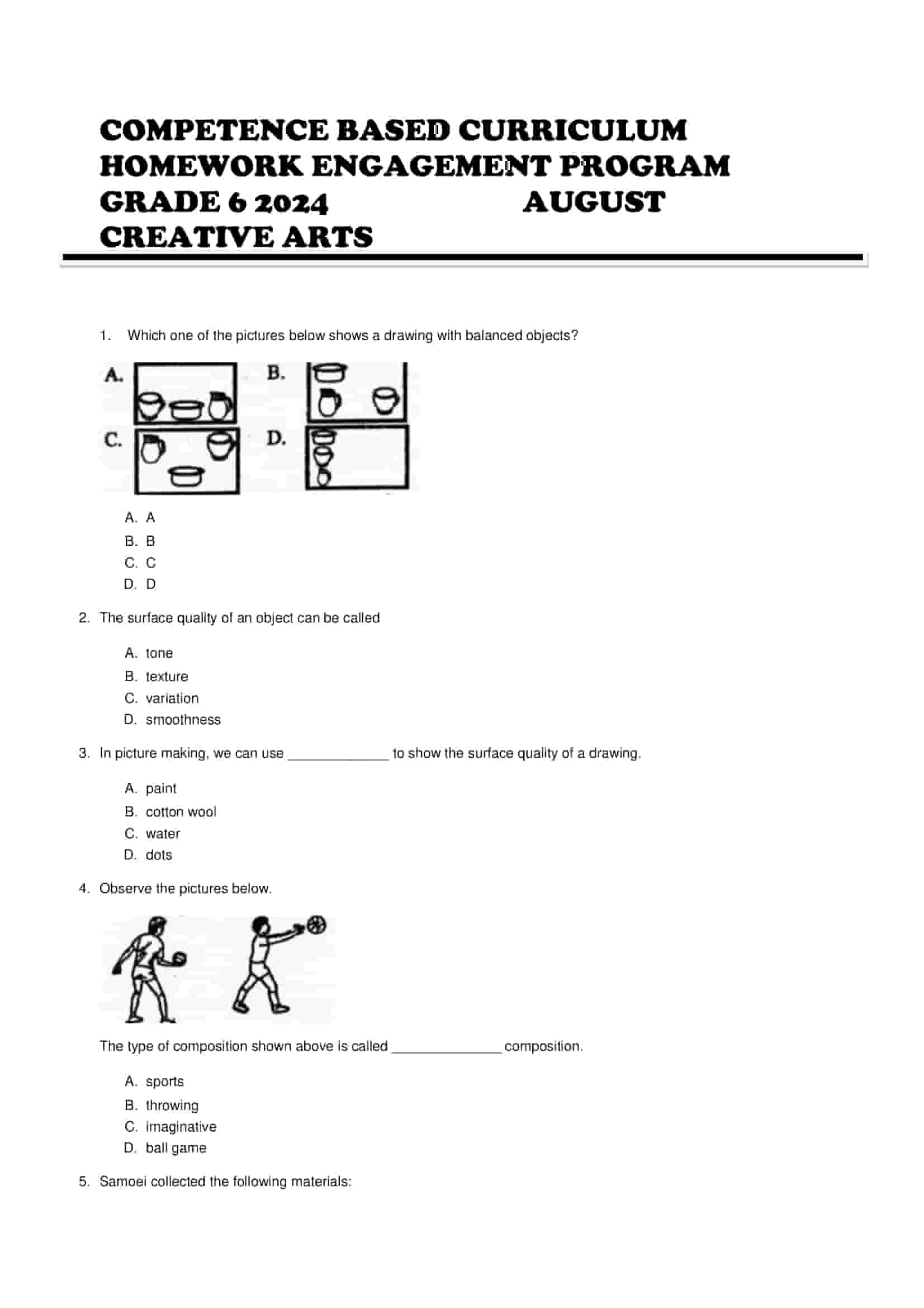 Grade 6 Creative Arts August 2024 Holiday Assignments