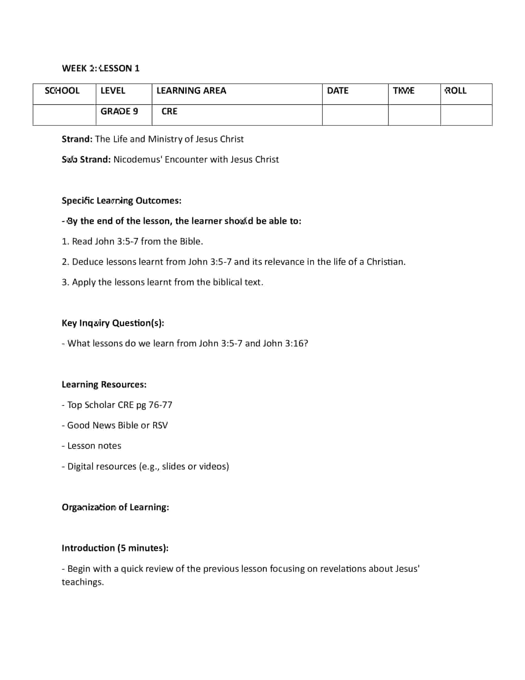 Grade 9 KLB Top Scholar CRE Lesson Plans Term 1