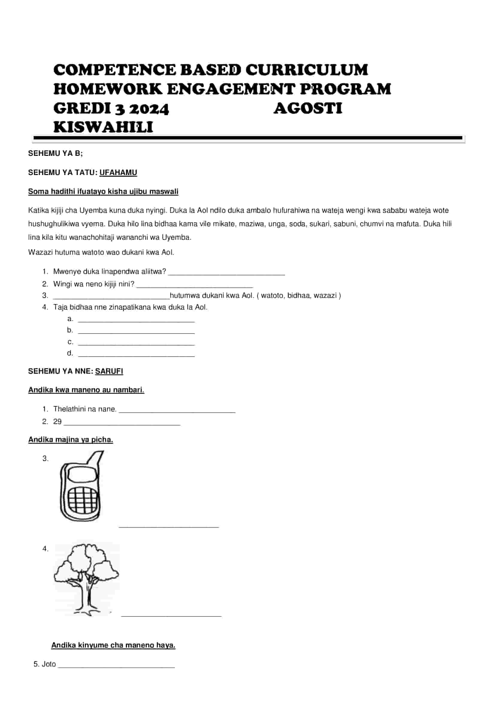 Grade 3 Kiswahili Homework August Holiday