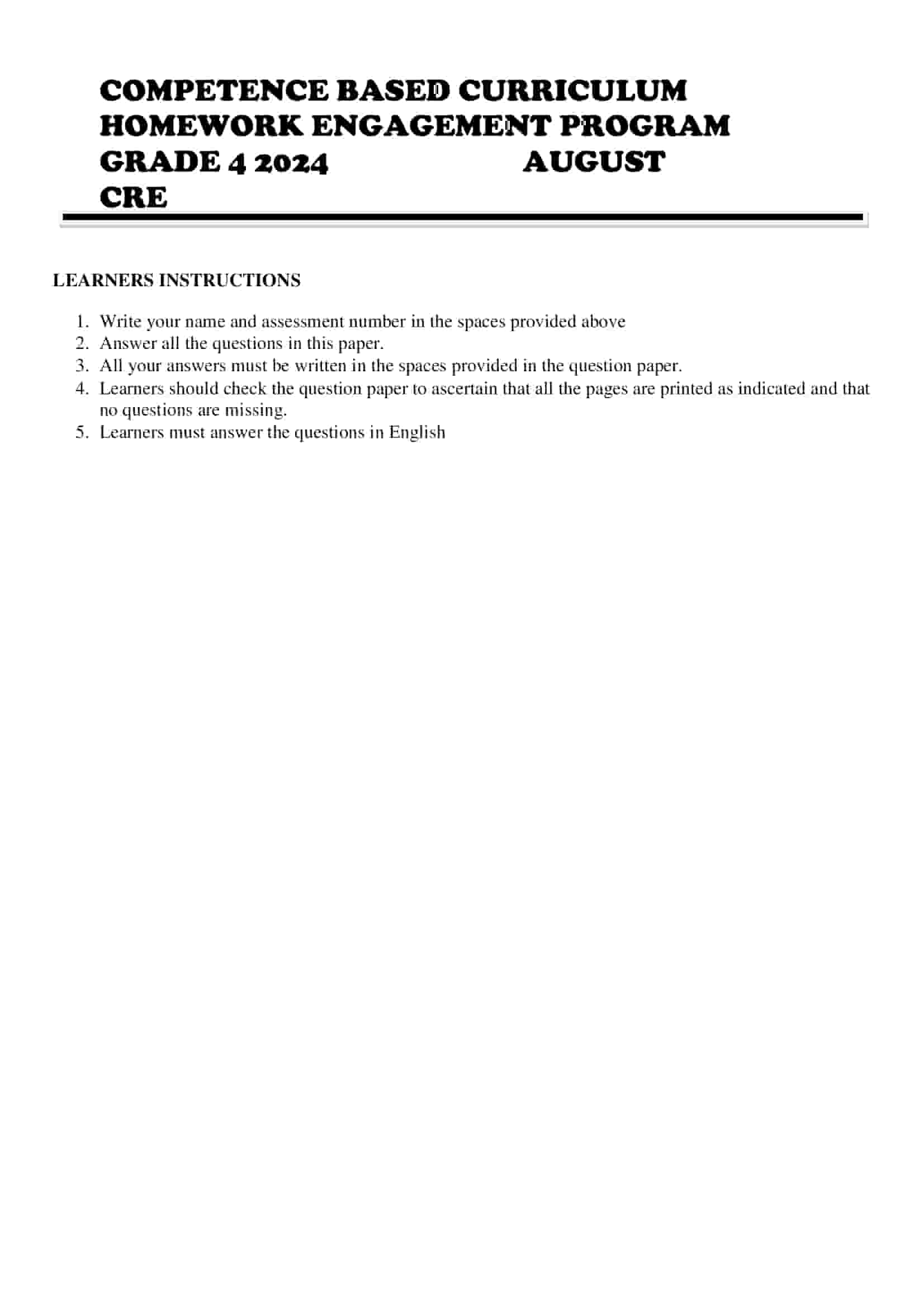 Grade 4 CRE Homework August Holiday