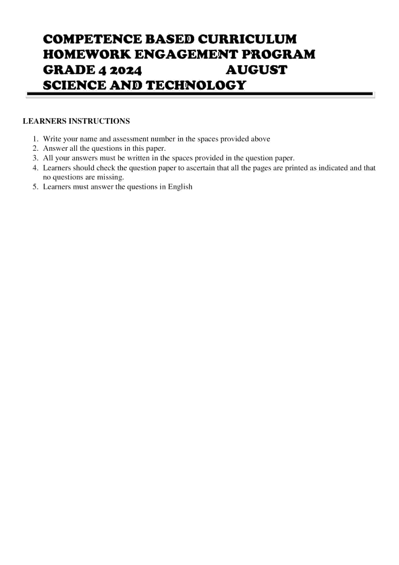 Grade 4 Science and Technology Homework August Holiday