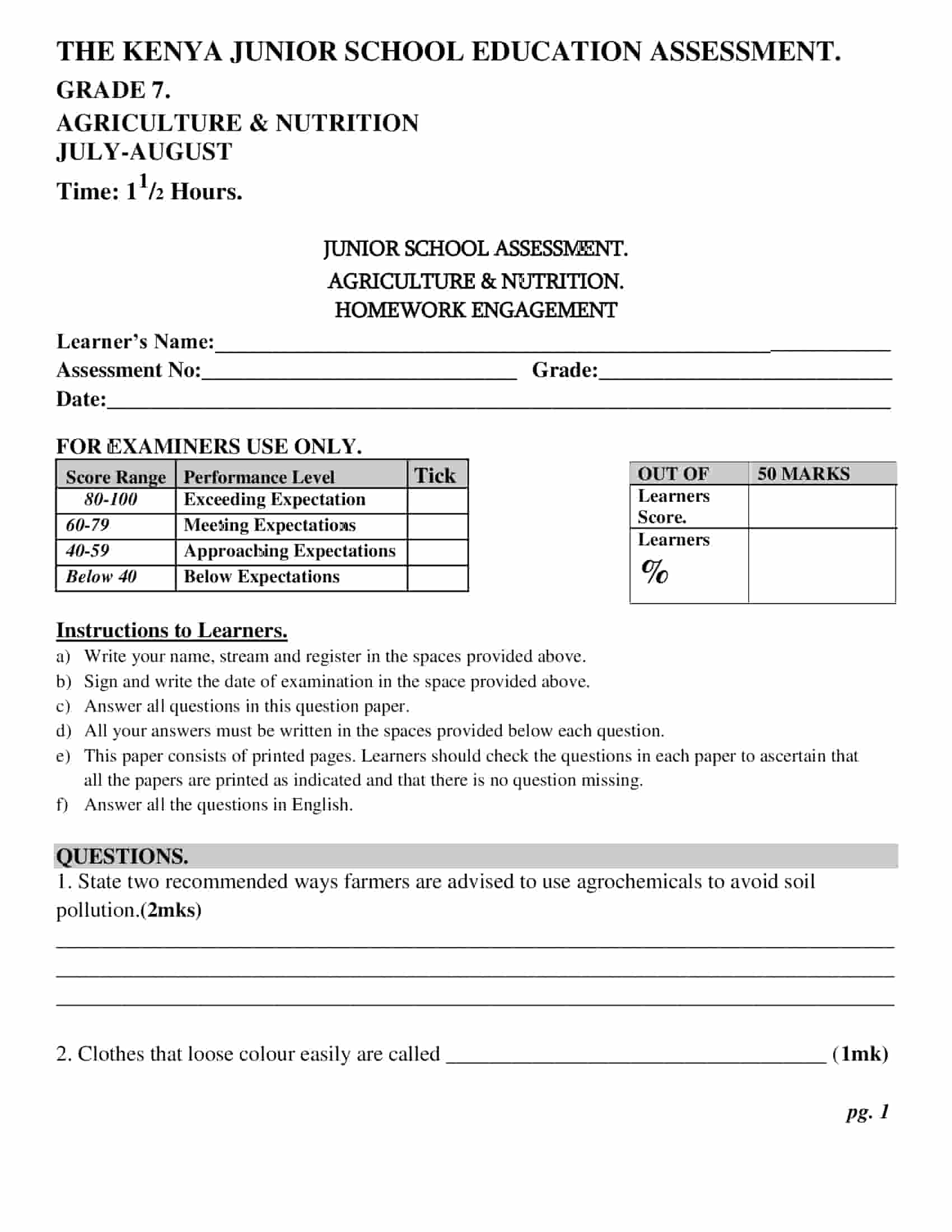 Grade 7 Agriculture and Nutrition July-August holiday assignments