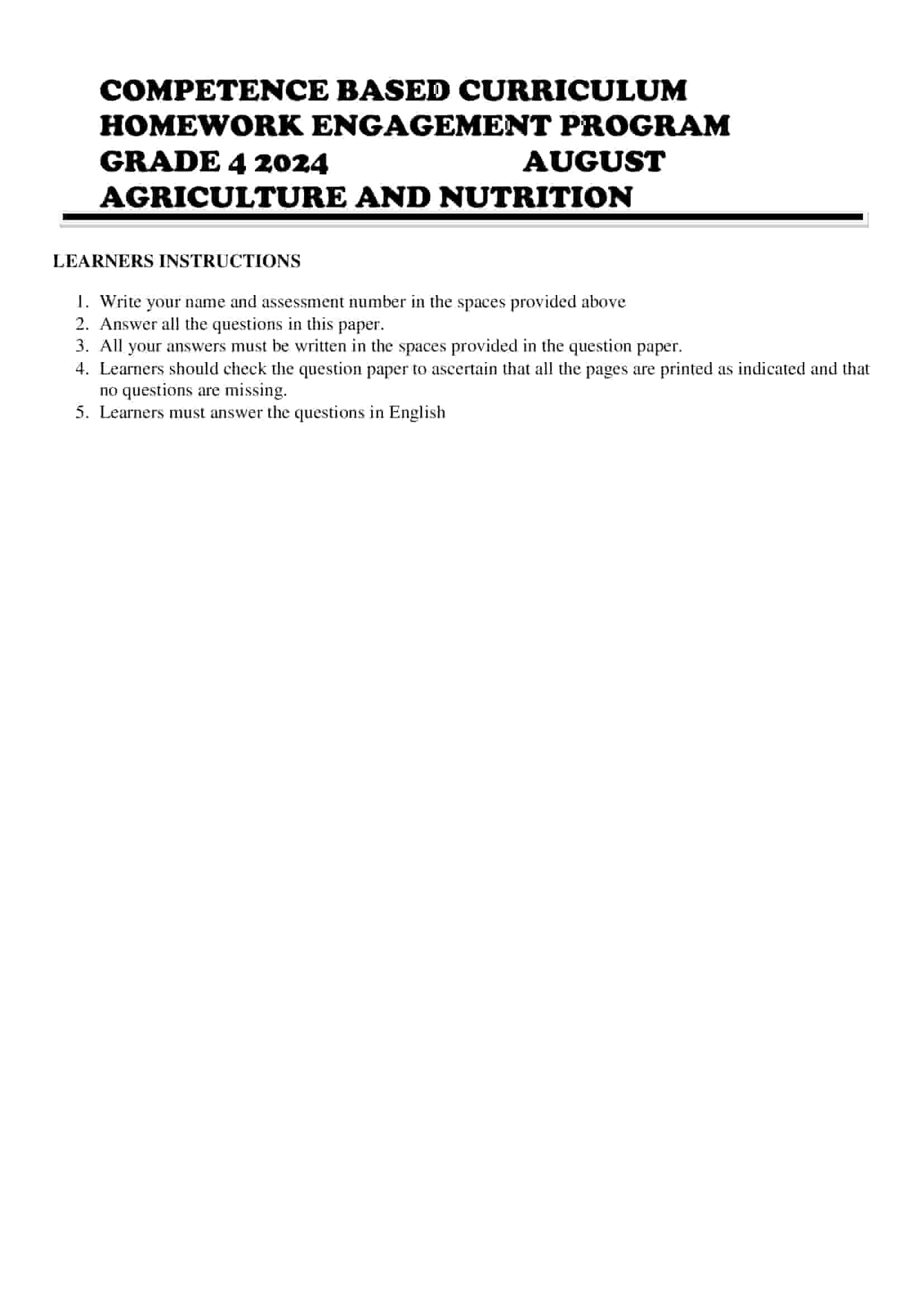 Grade 4 Agriculture and Nutrition Homework August Holiday