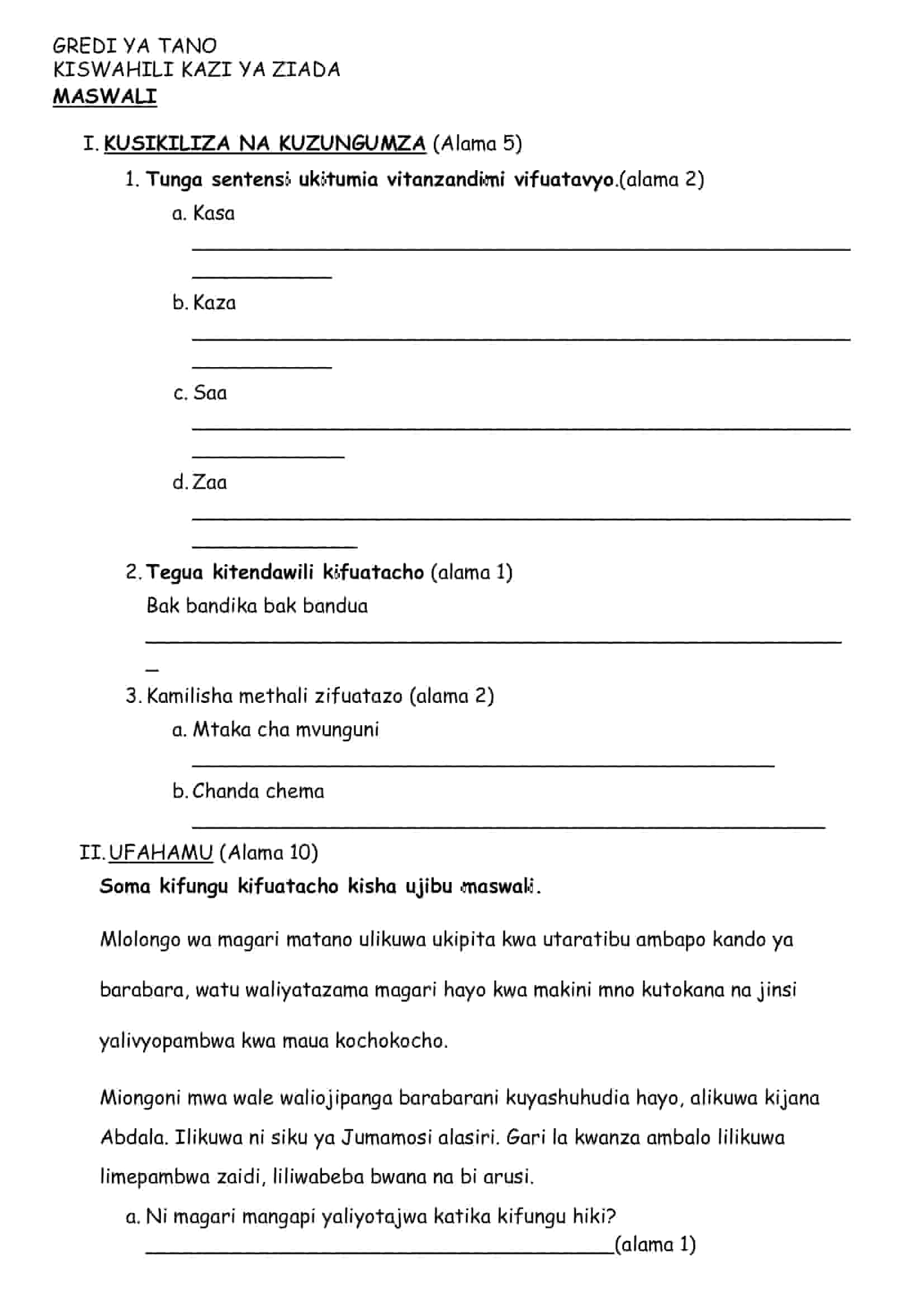 Grade 5 kiswahili december 2024 holiday assignments