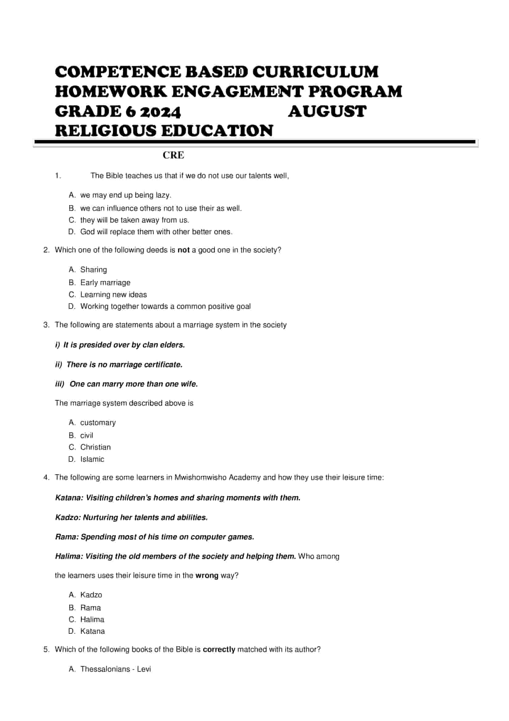 Grade 6 CRE August 2024 Holiday Assignments