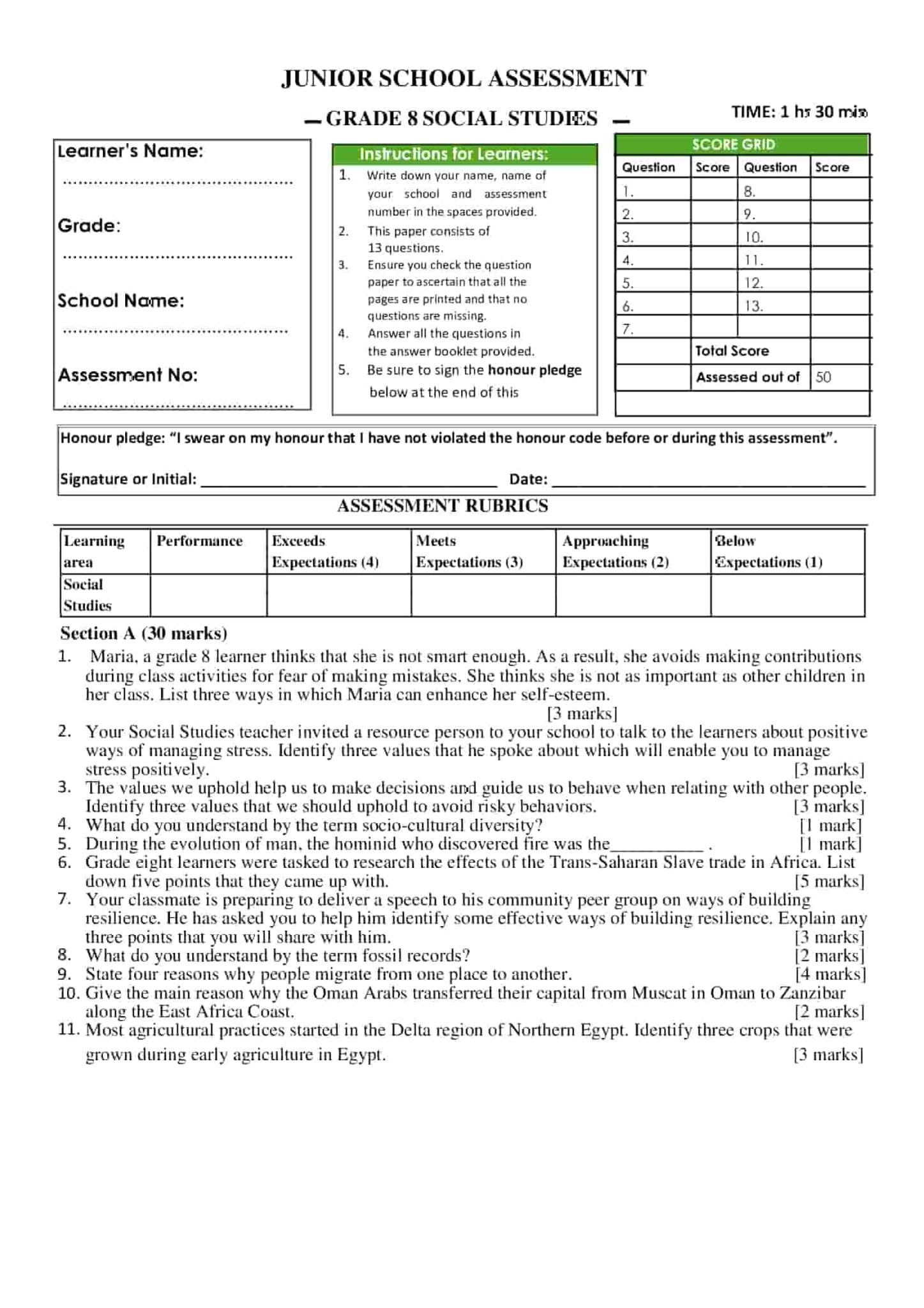 Grade 8 Social Studies December 2024 holiday assignment - Elimplex