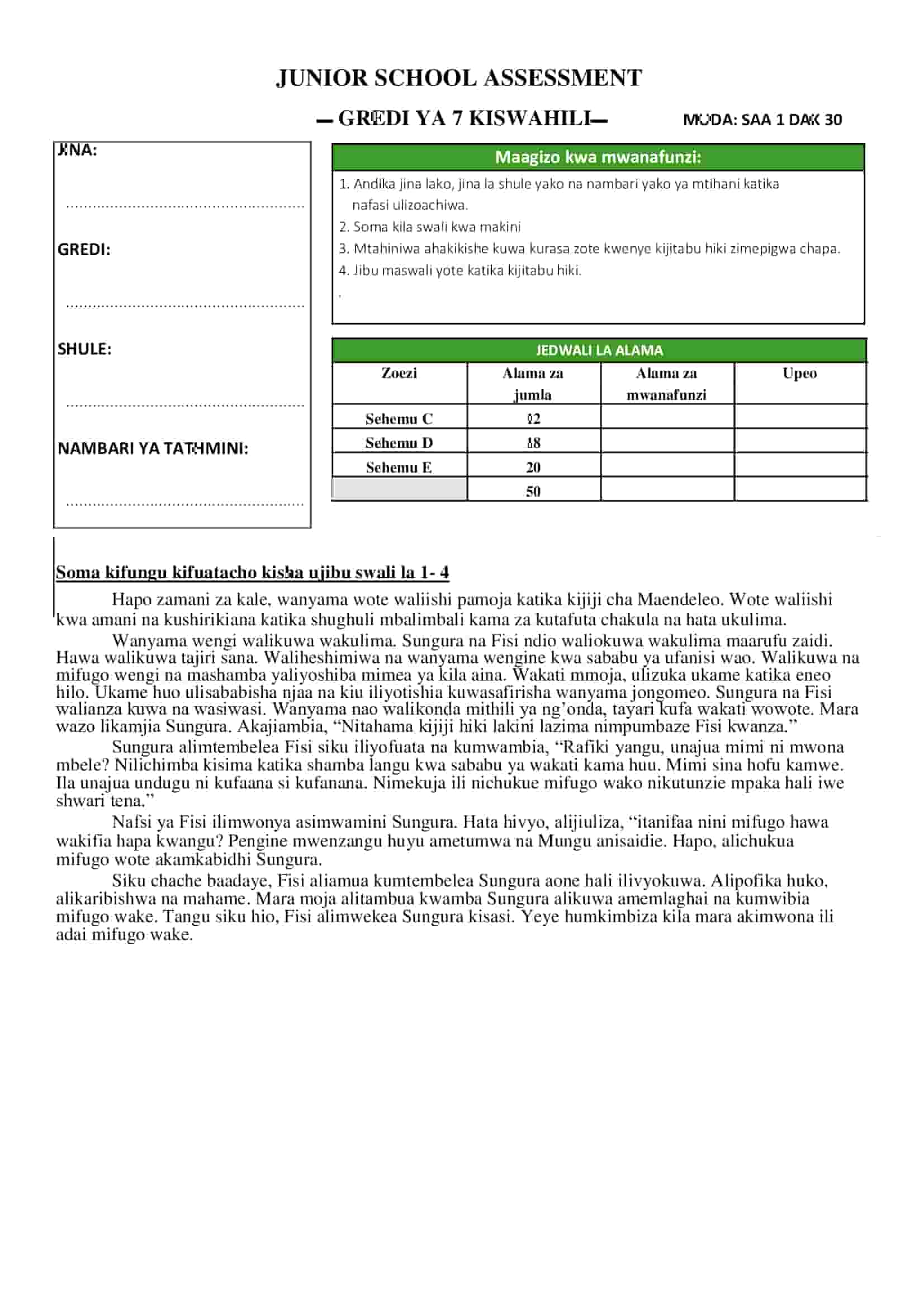 Grade 7 Kiswahili holiday assignment