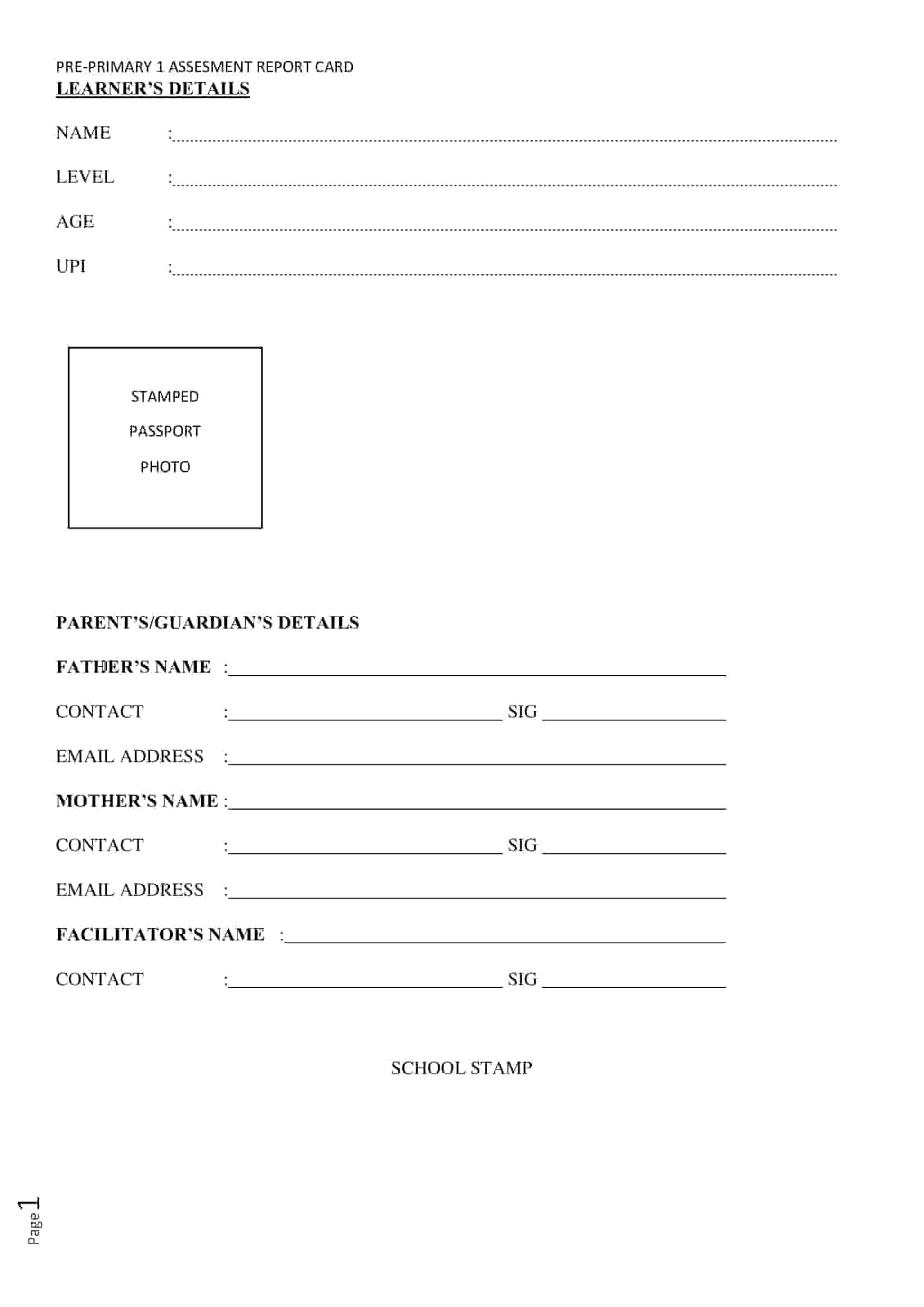 PP1 CBC Assessment Rubrics Report Card