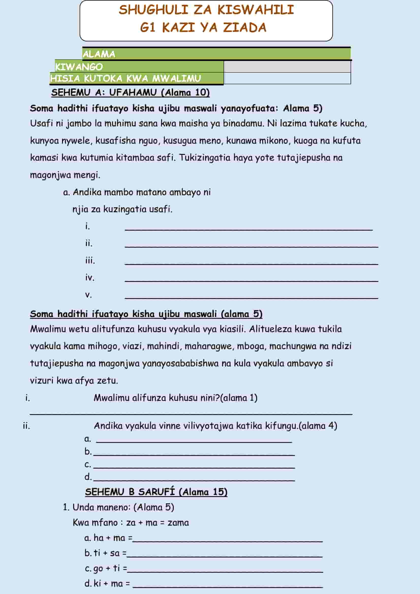 Grade 1 Kiswahili Homework December Holiday