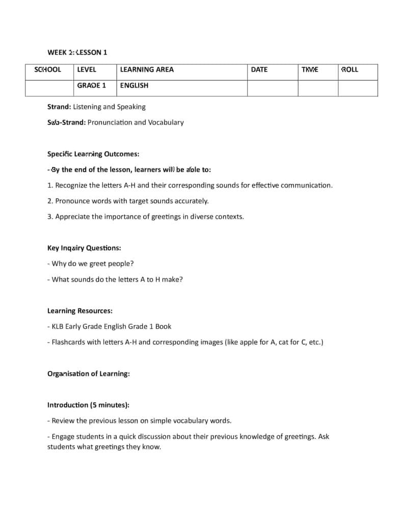 Grade 1 Rationalized English Lesson Plans for Term 1 - Elimplex