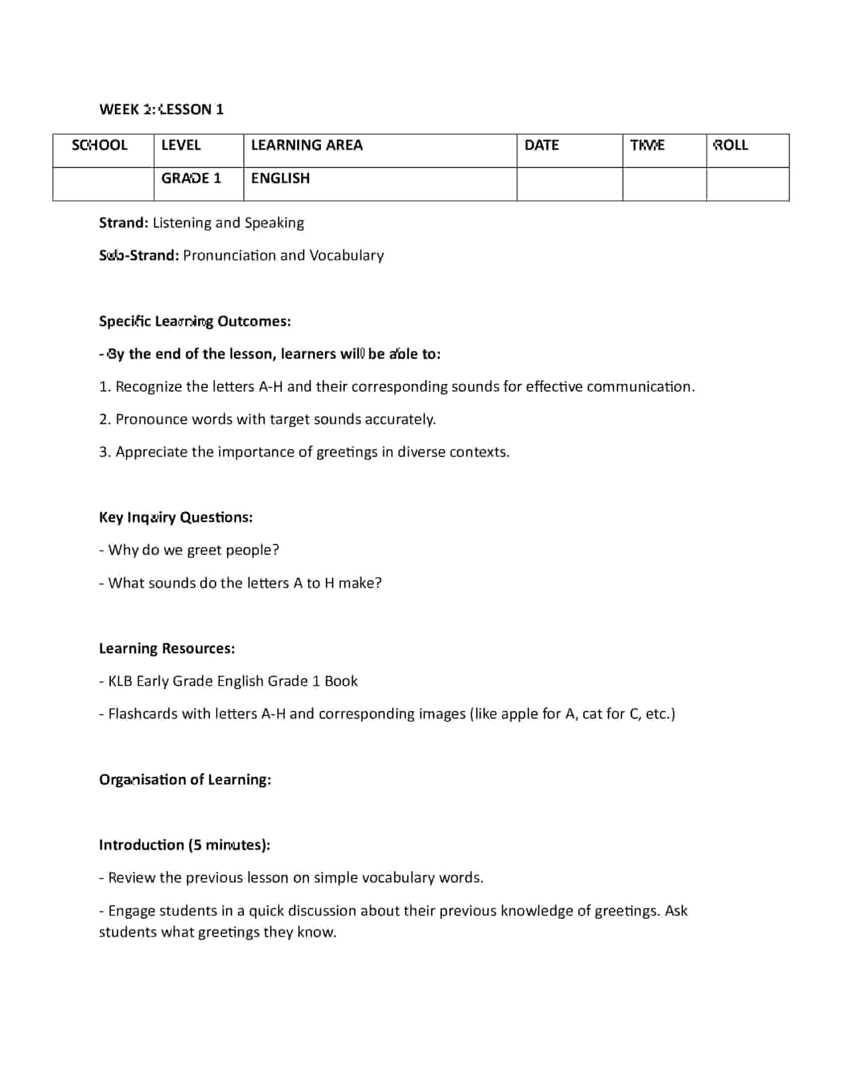 Grade 1 Rationalized English Lesson Plans for Term 1