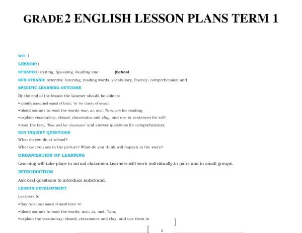 Grade 2 English Lesson Plans Term 1 - Elimplex