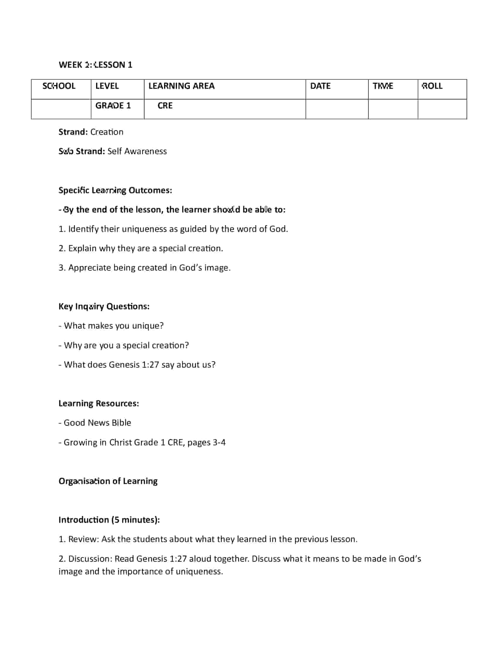 Grade 1 Rationalized CRE Lesson Plans for Term 1