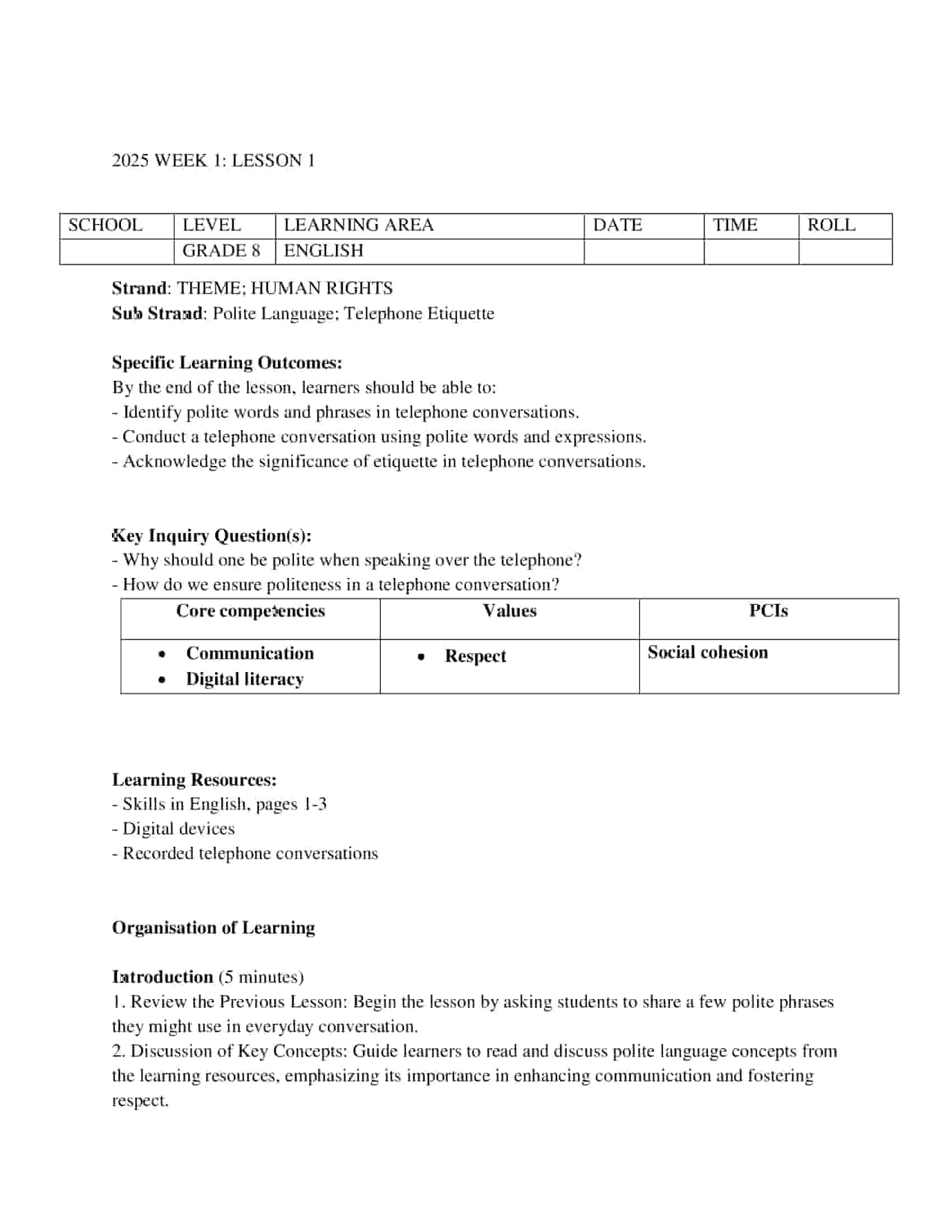 Grade 8 Rationalized English Lesson Plans for Term 1