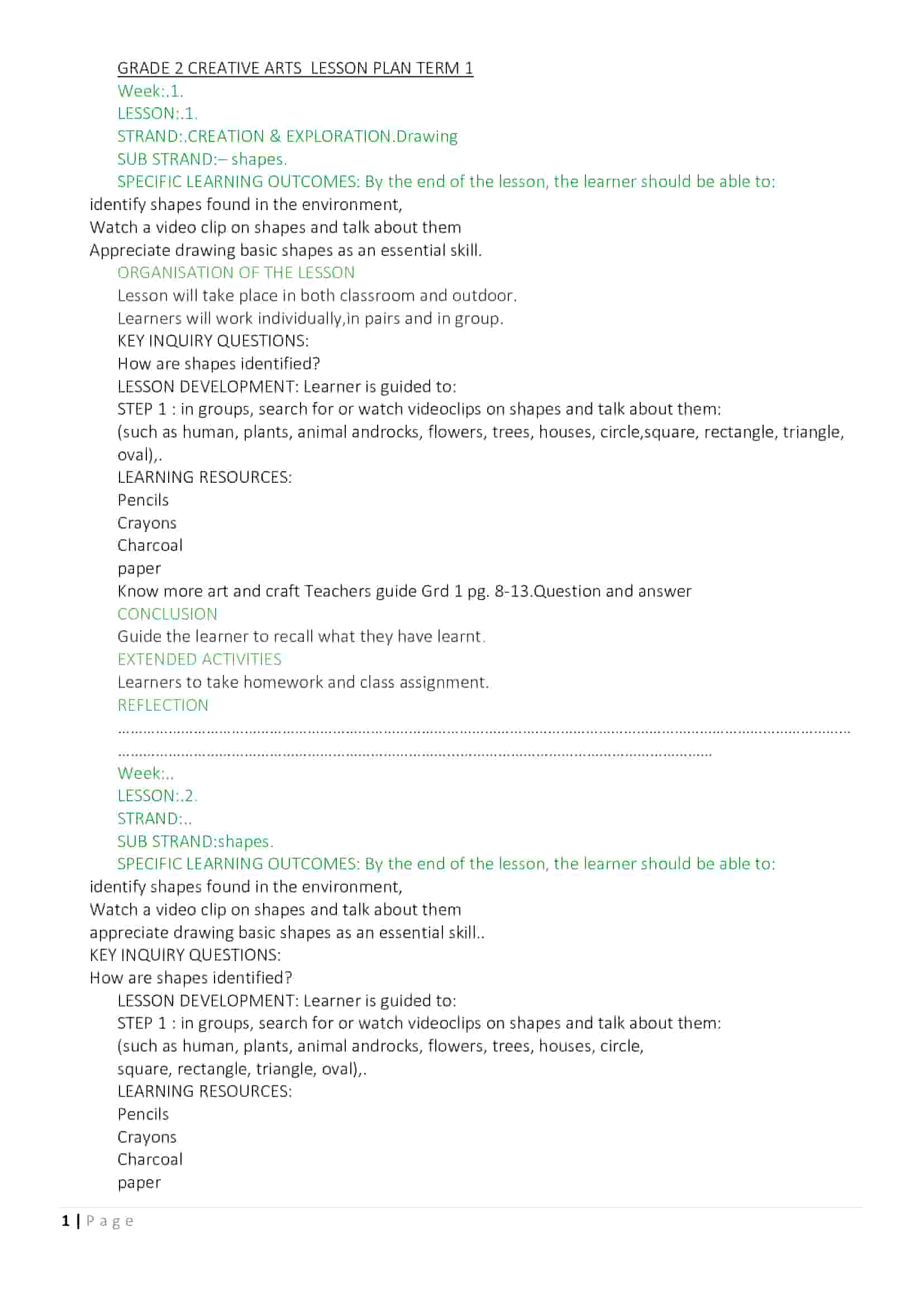 Grade 2 Term 1 Creative Arts Lesson Plans