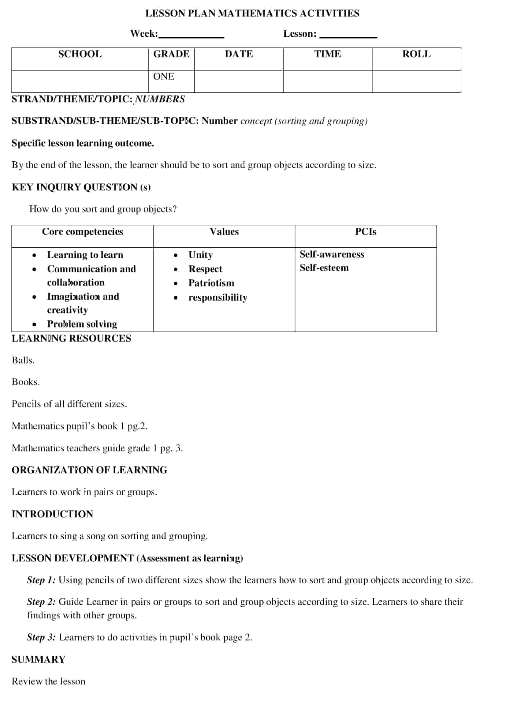 Grade 1 Mathematics Lesson Plans for Terms 1 | 2 | 3