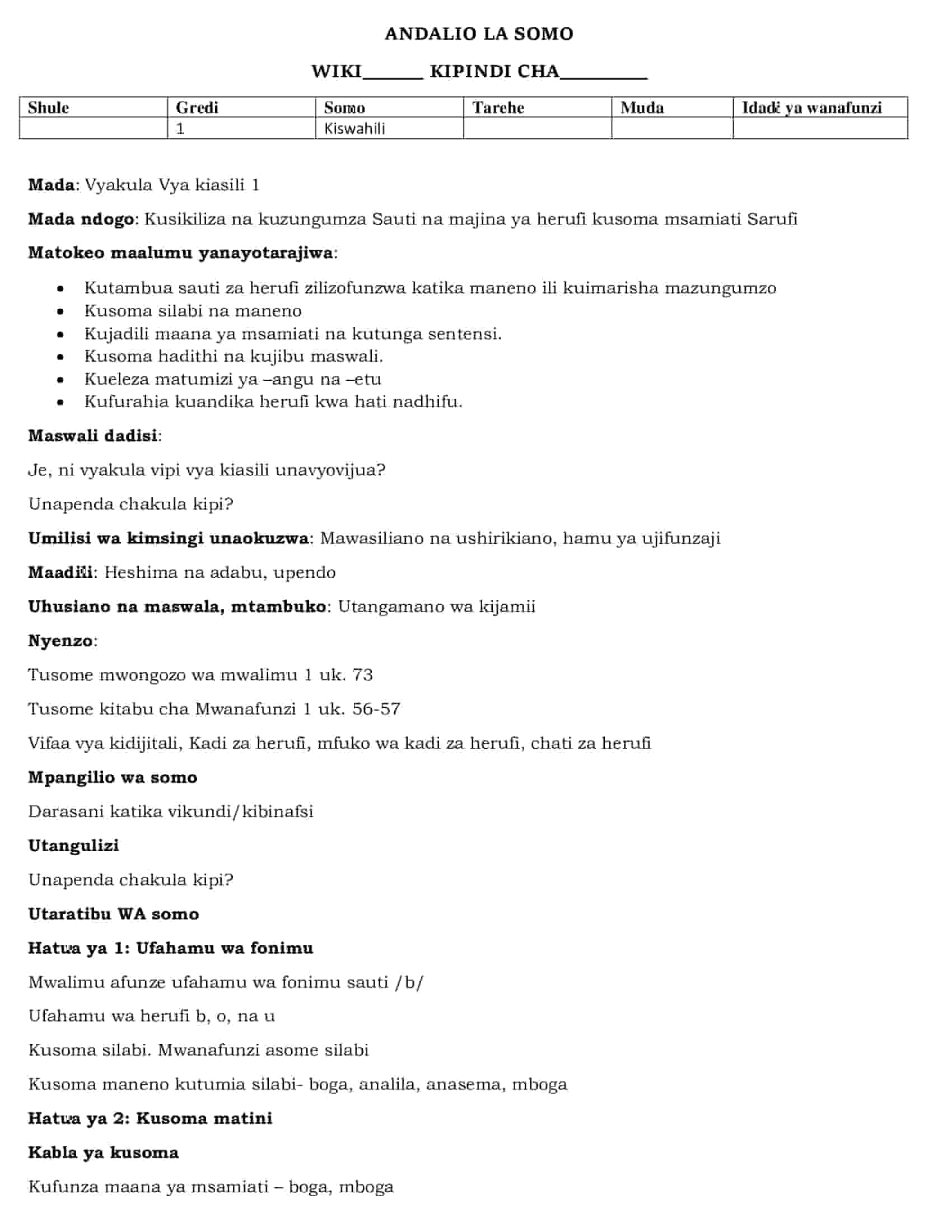Vyakula Vya Kiasili 1 Lesson Plans Grade 1 Kiswahili Activities