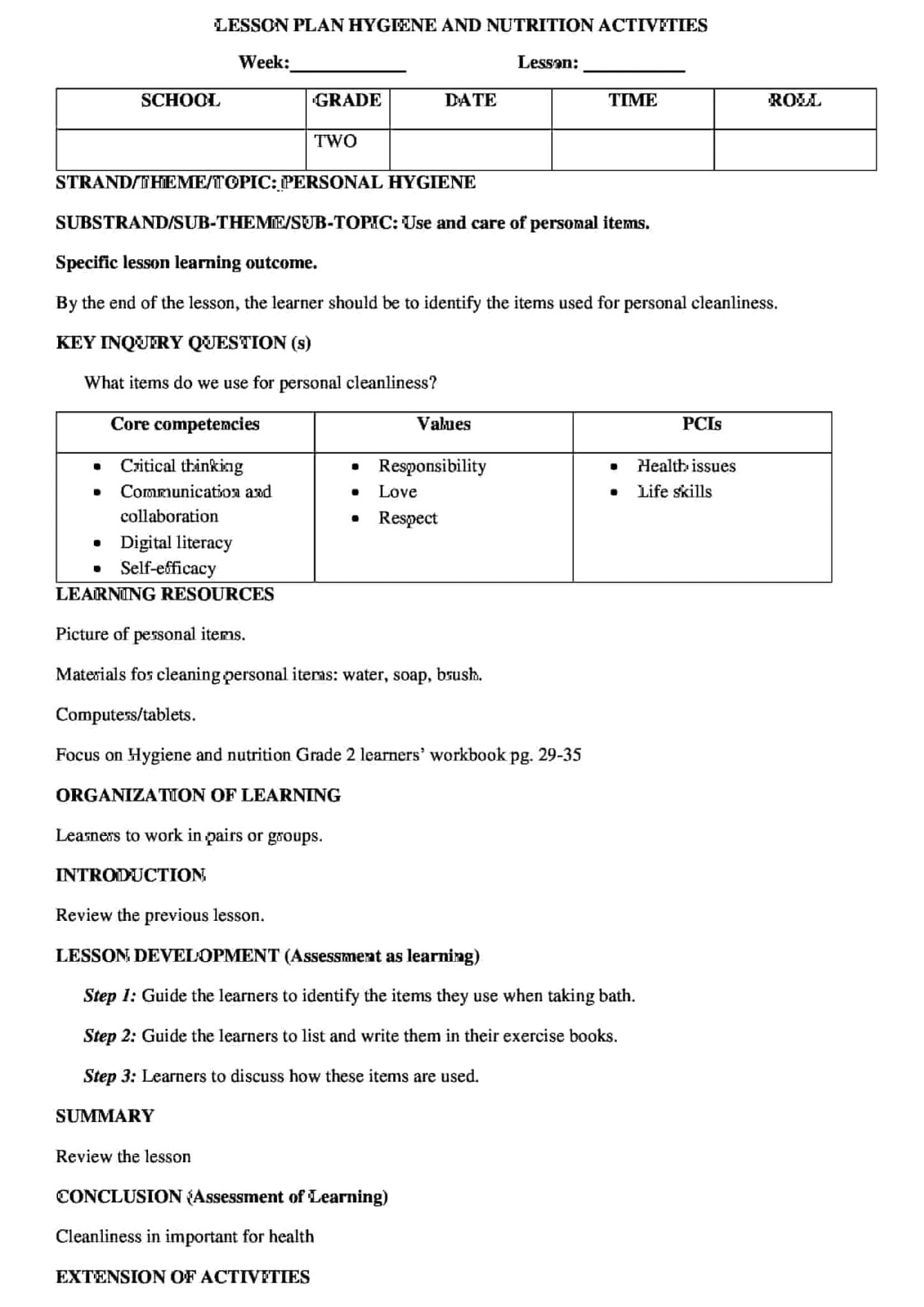 Grade 2 Hygiene and Nutrition Personal Hygiene Lesson Plans - Elimplex