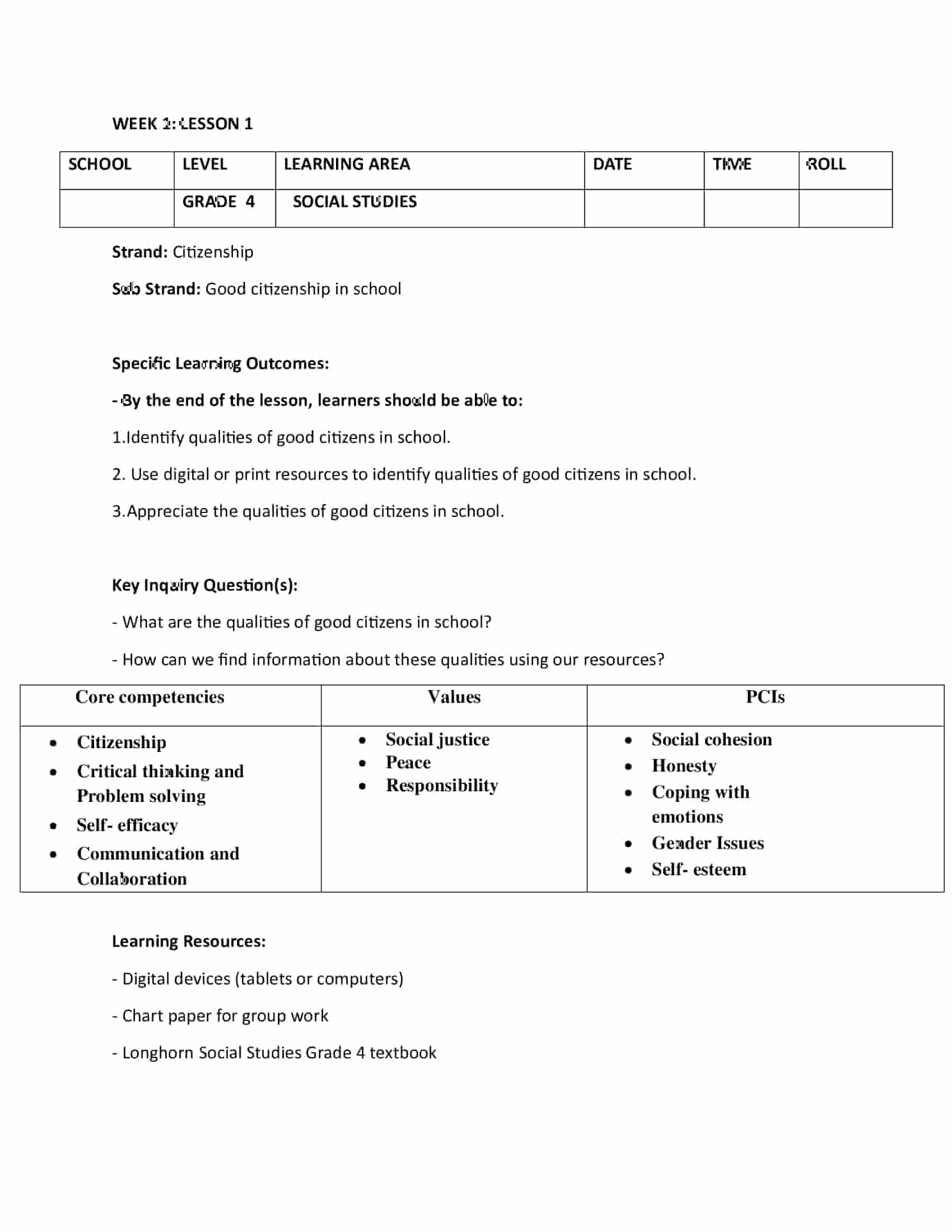 Grade 4 Rationalized Social Studies Lesson Plans Term 3