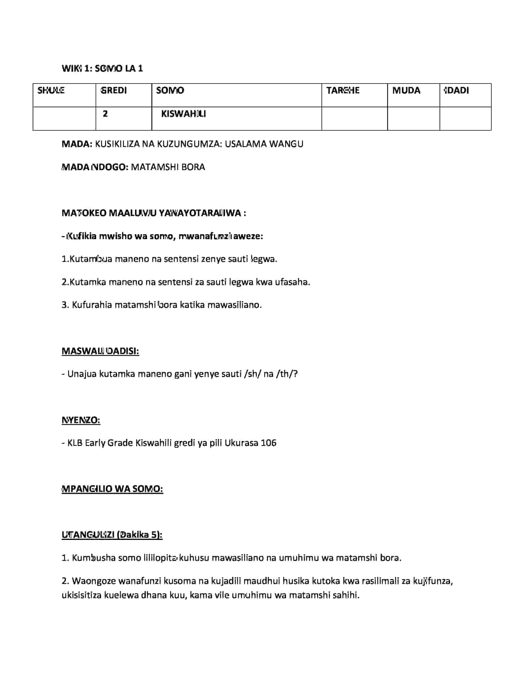 Grade 2 Kiswahili Lesson Plans Term 3